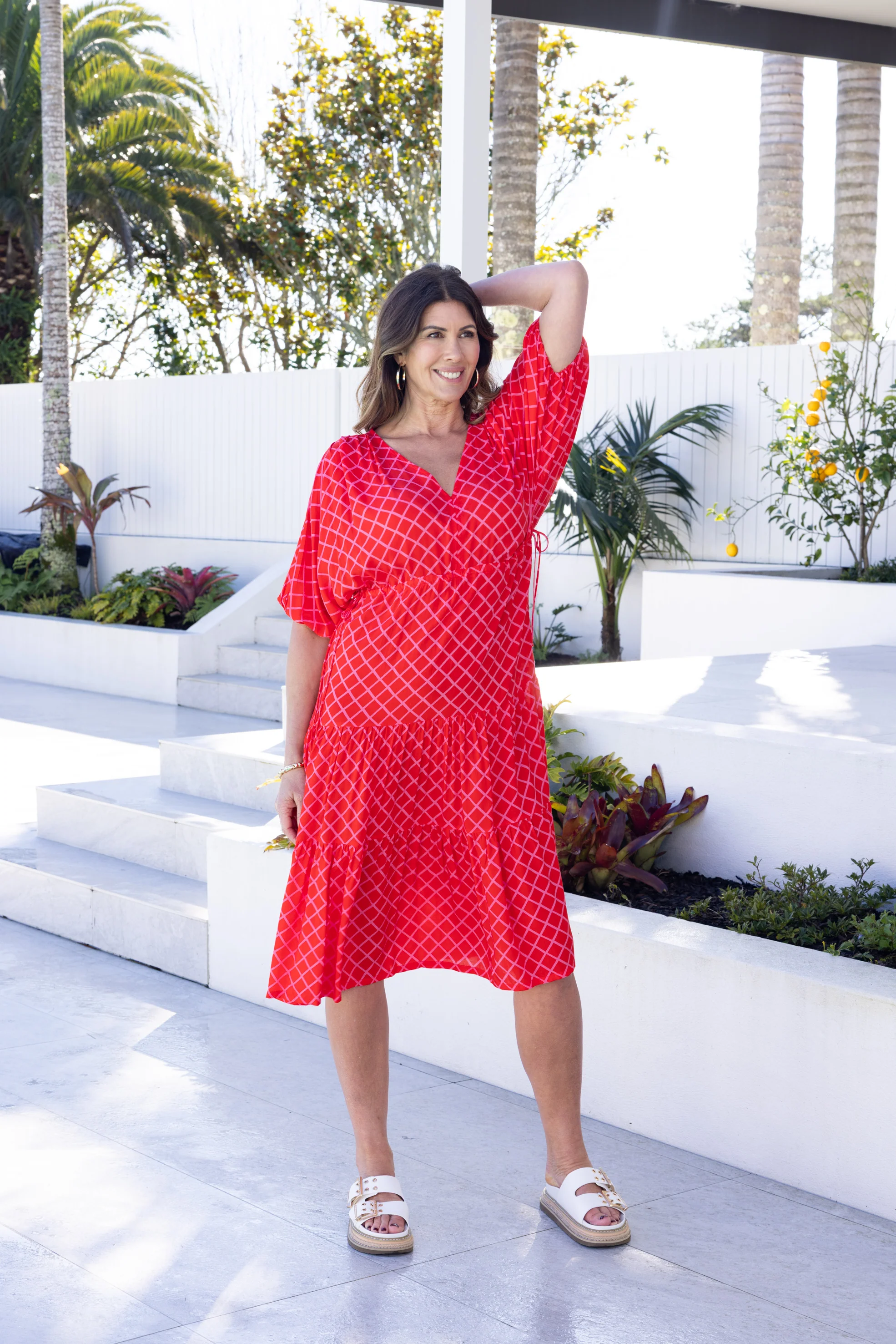 Shine On Label Anna Maxi Tier Dress Red Pink Check - Image 7