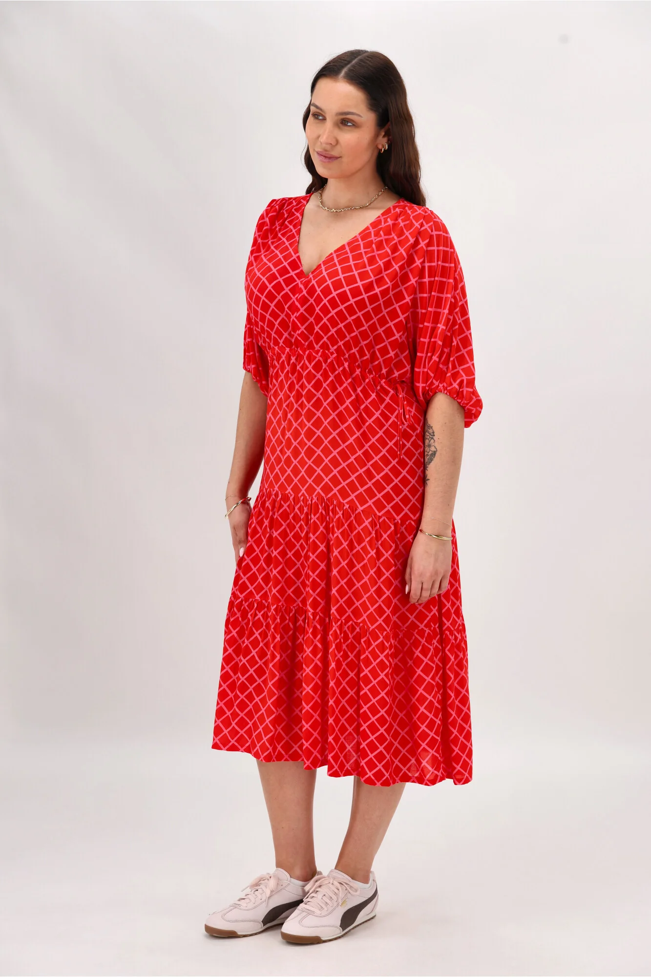 Shine On Label Anna Maxi Tier Dress Red Pink Check - Image 9