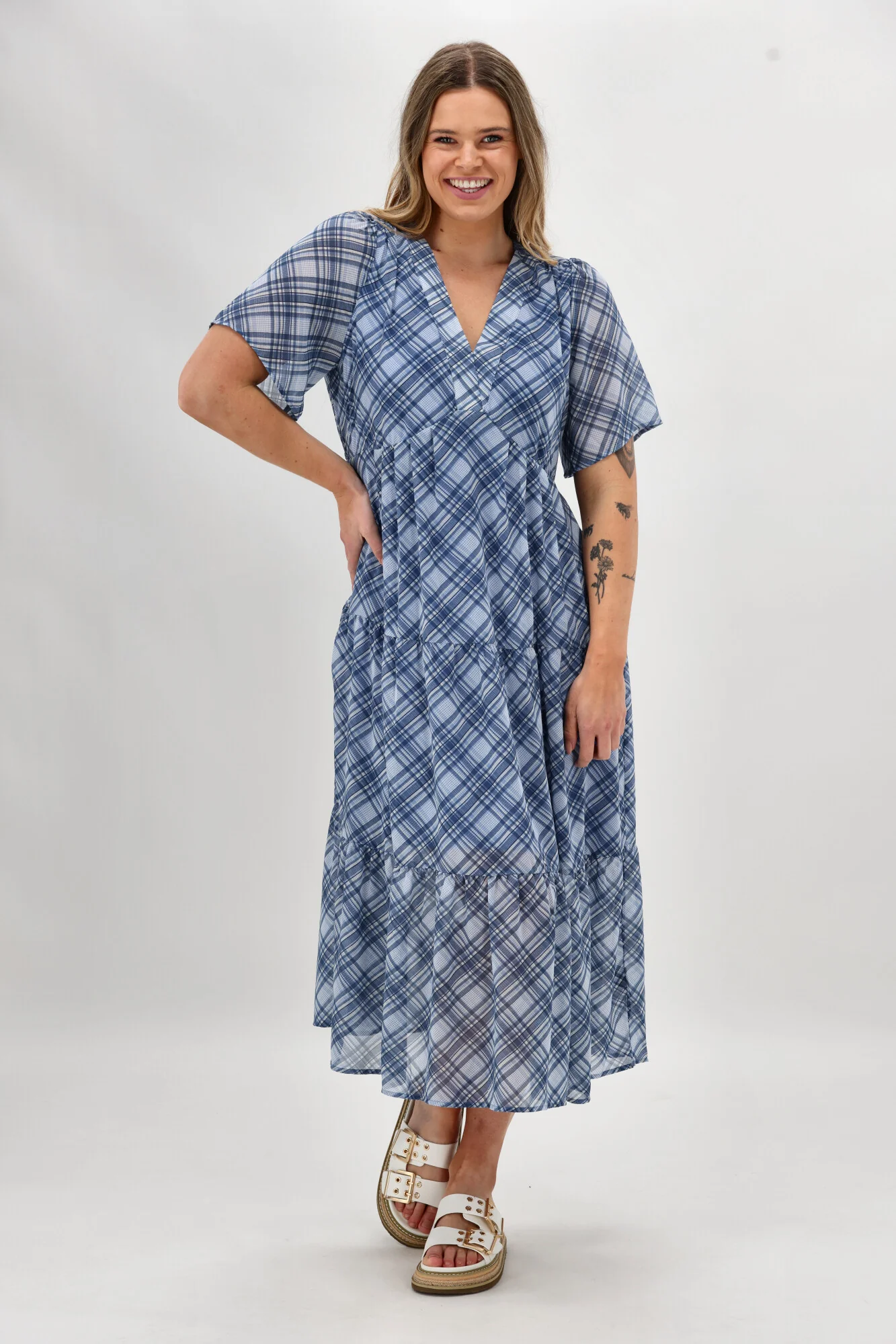 Shine On Label Avonley Tiered Chiffon Dress Blue Check