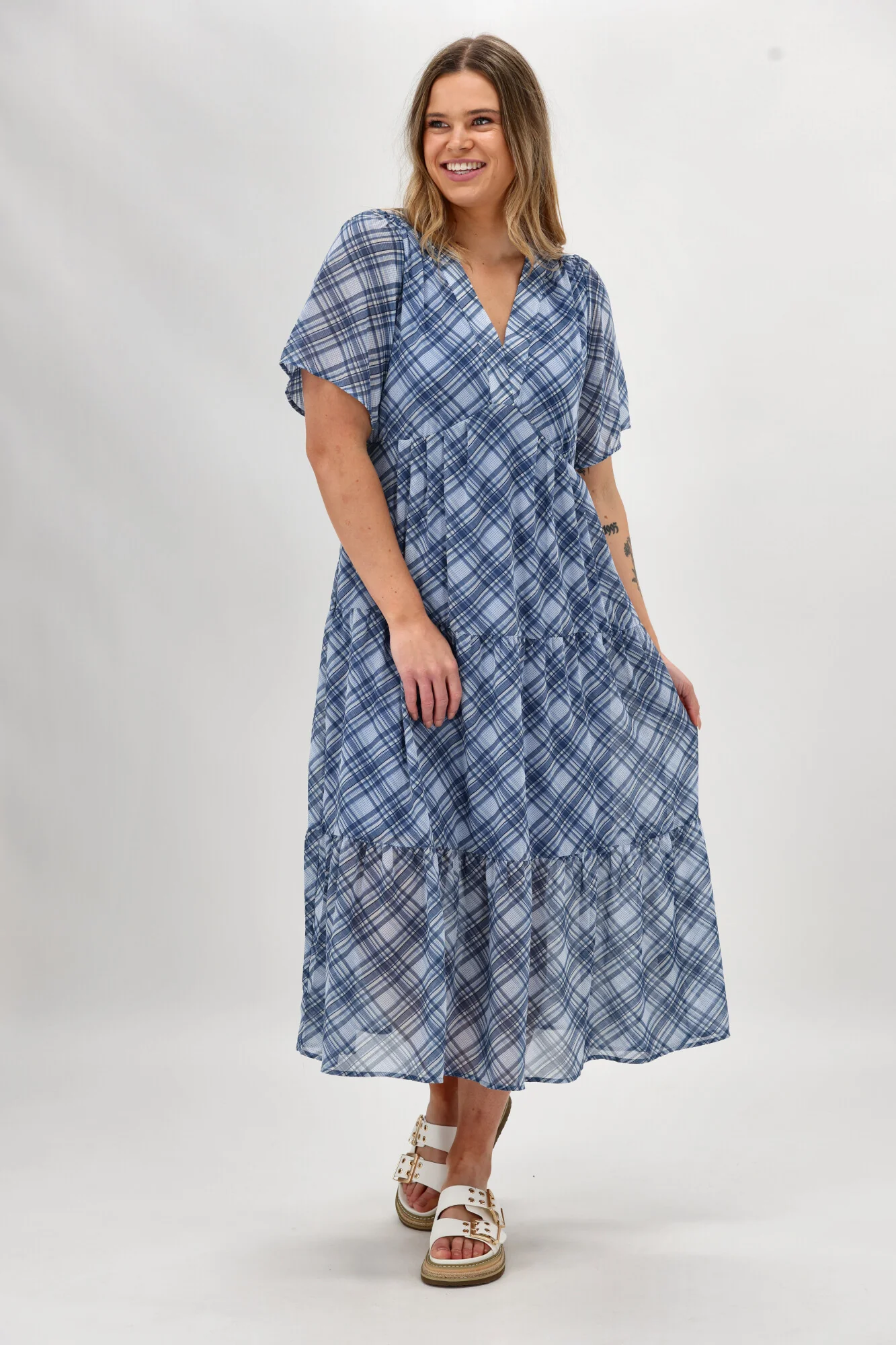 Shine On Label Avonley Tiered Chiffon Dress Blue Check - Image 2