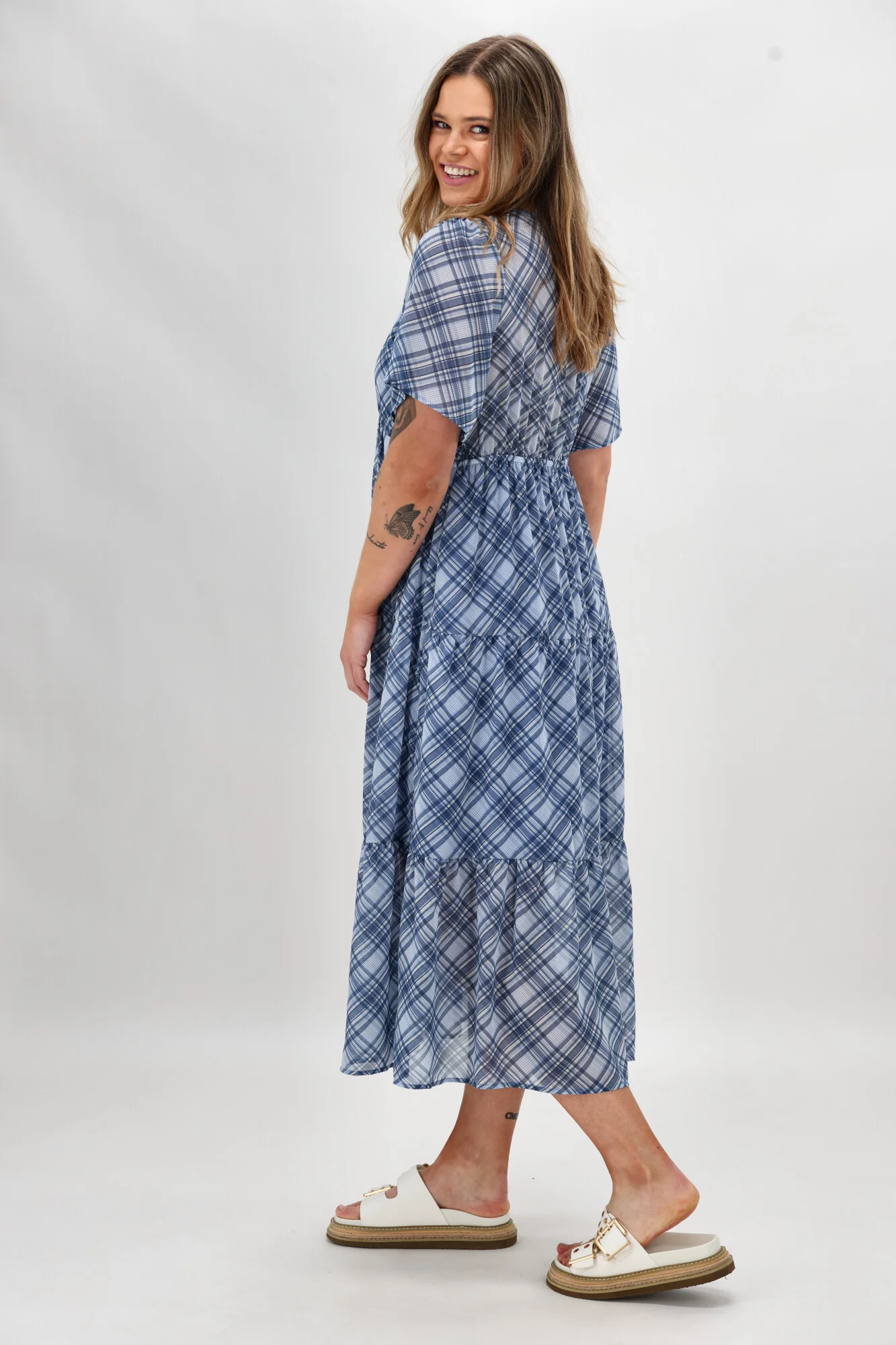 Shine On Label Avonley Tiered Chiffon Dress Blue Check - Image 5