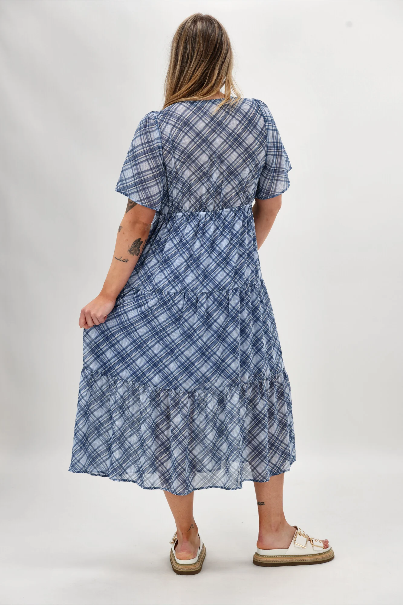 Shine On Label Avonley Tiered Chiffon Dress Blue Check - Image 6