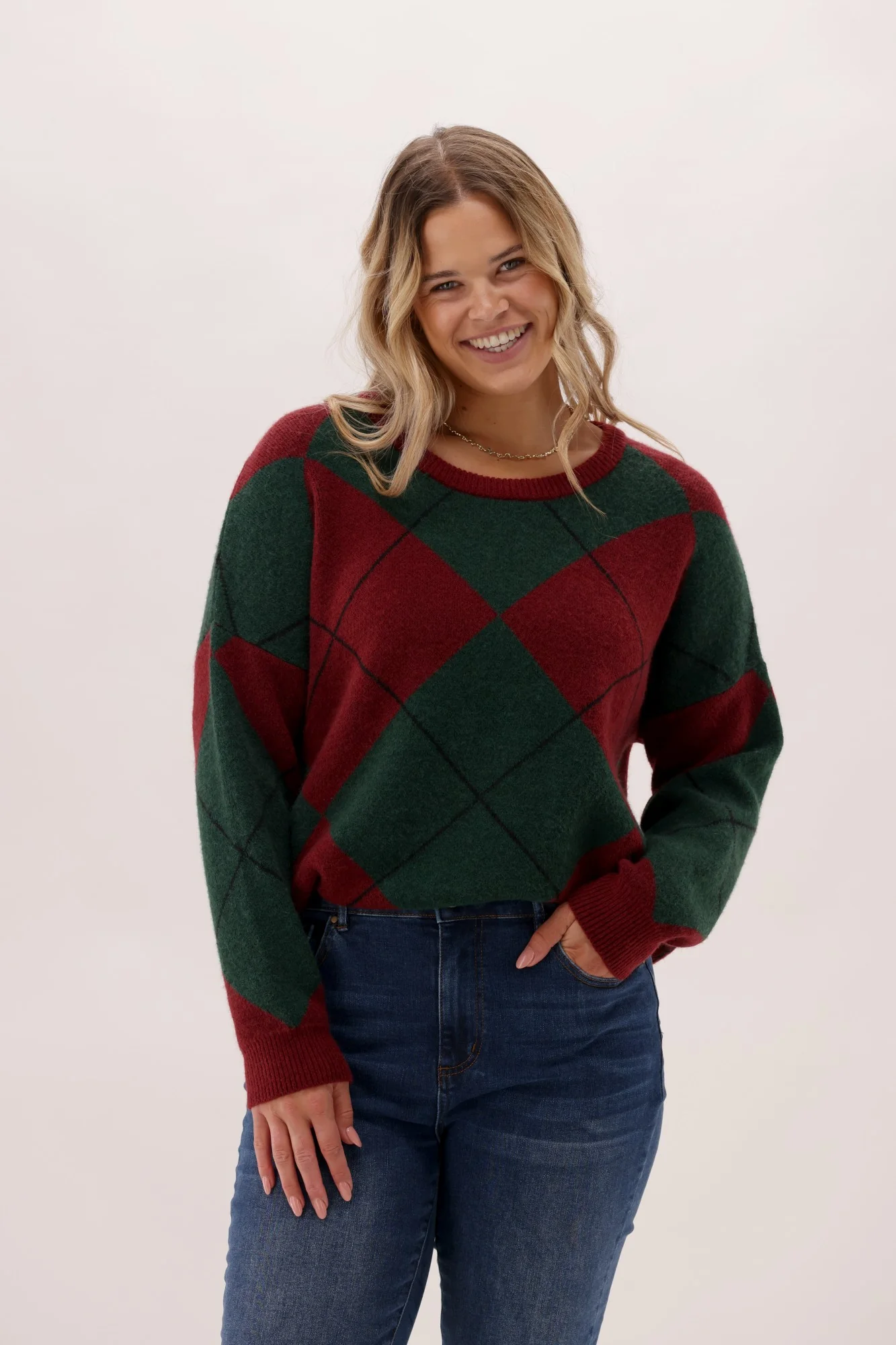 Shine On Label Beau Argyle Jumper Wine And Olive - Image 2