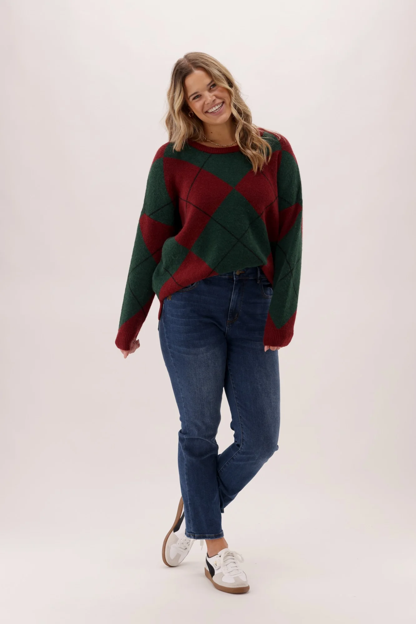 Shine On Label Beau Argyle Jumper Wine And Olive - Image 3