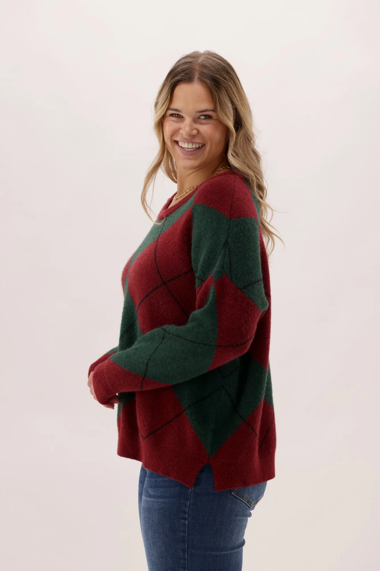 Shine On Label Beau Argyle Jumper Wine And Olive - Image 4