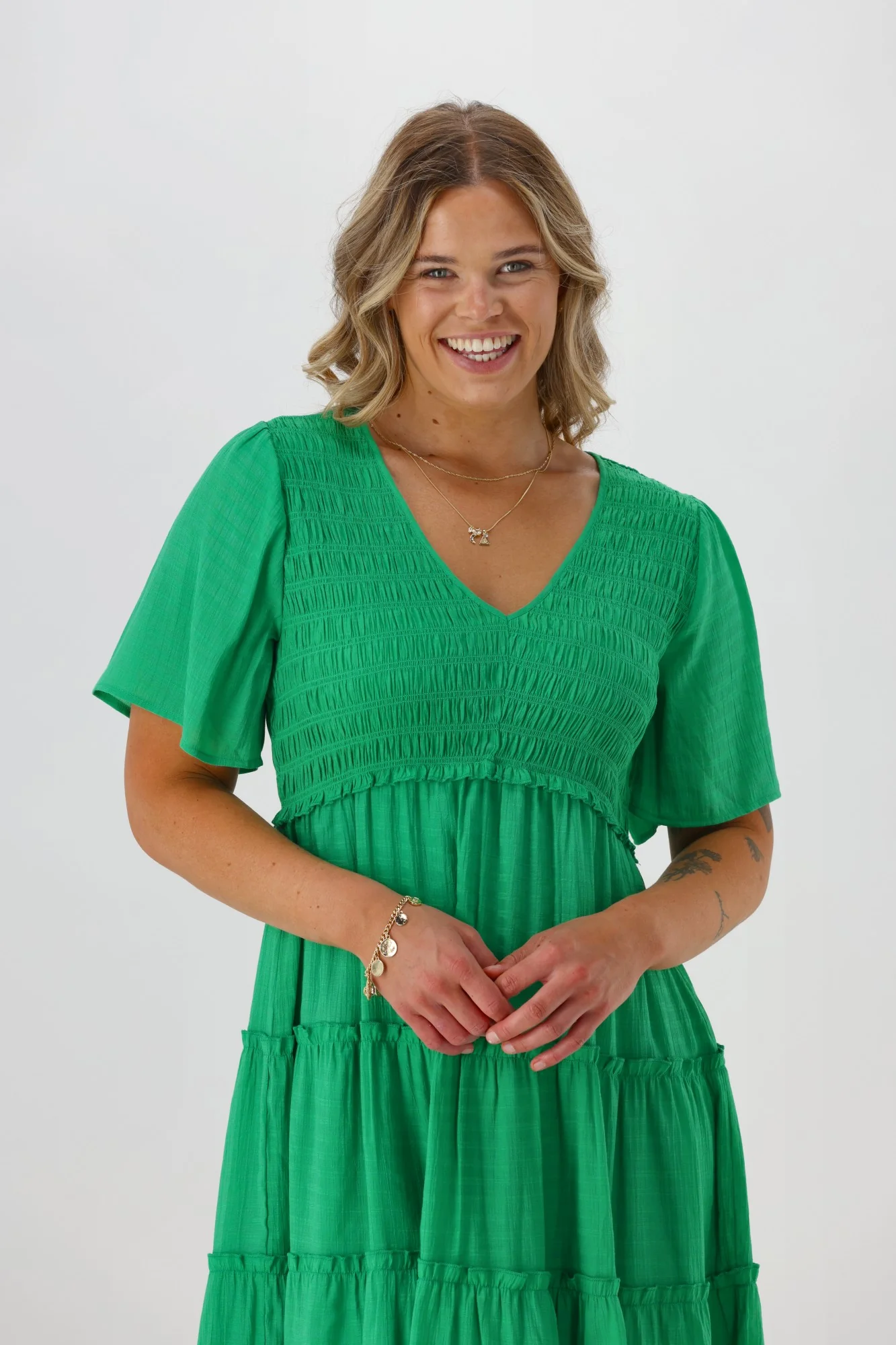 Shine On Label Birdie Shirred Bodice Dress Green - Image 2