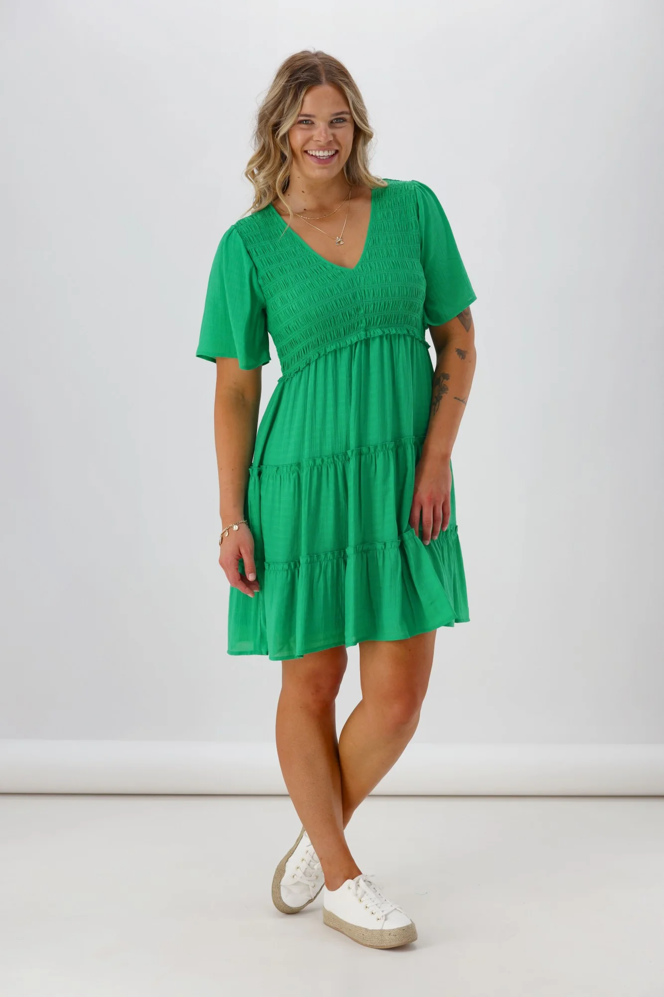 Shine On Label Birdie Shirred Bodice Dress Green - Image 3