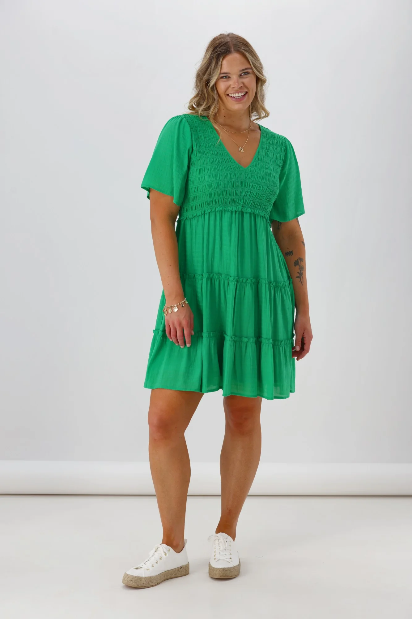 Shine On Label Birdie Shirred Bodice Dress Green - Image 4
