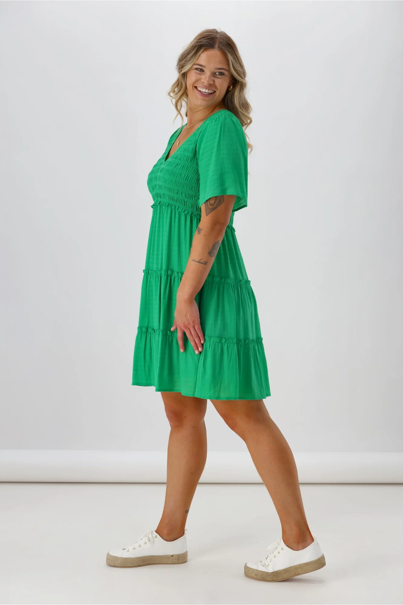 Shine On Label Birdie Shirred Bodice Dress Green - Image 5