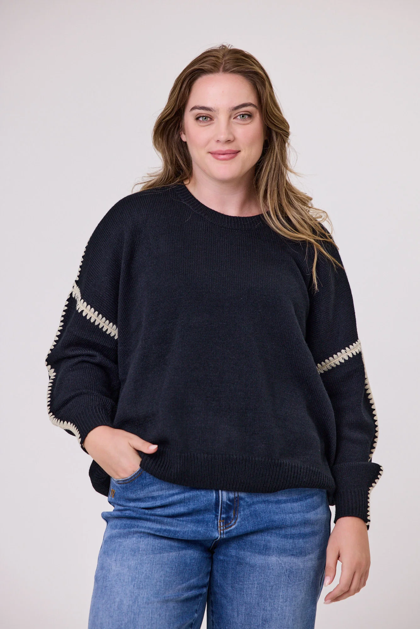 Shine On Label Blanket Stitch Sweater Black