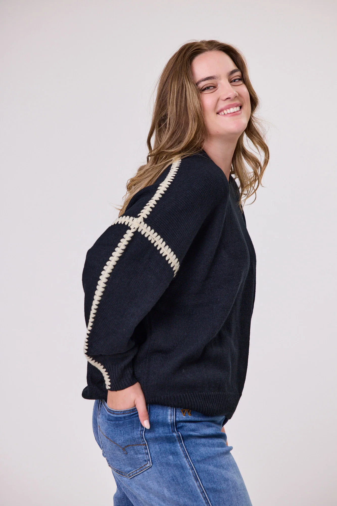 Shine On Label Blanket Stitch Sweater Black - Image 2