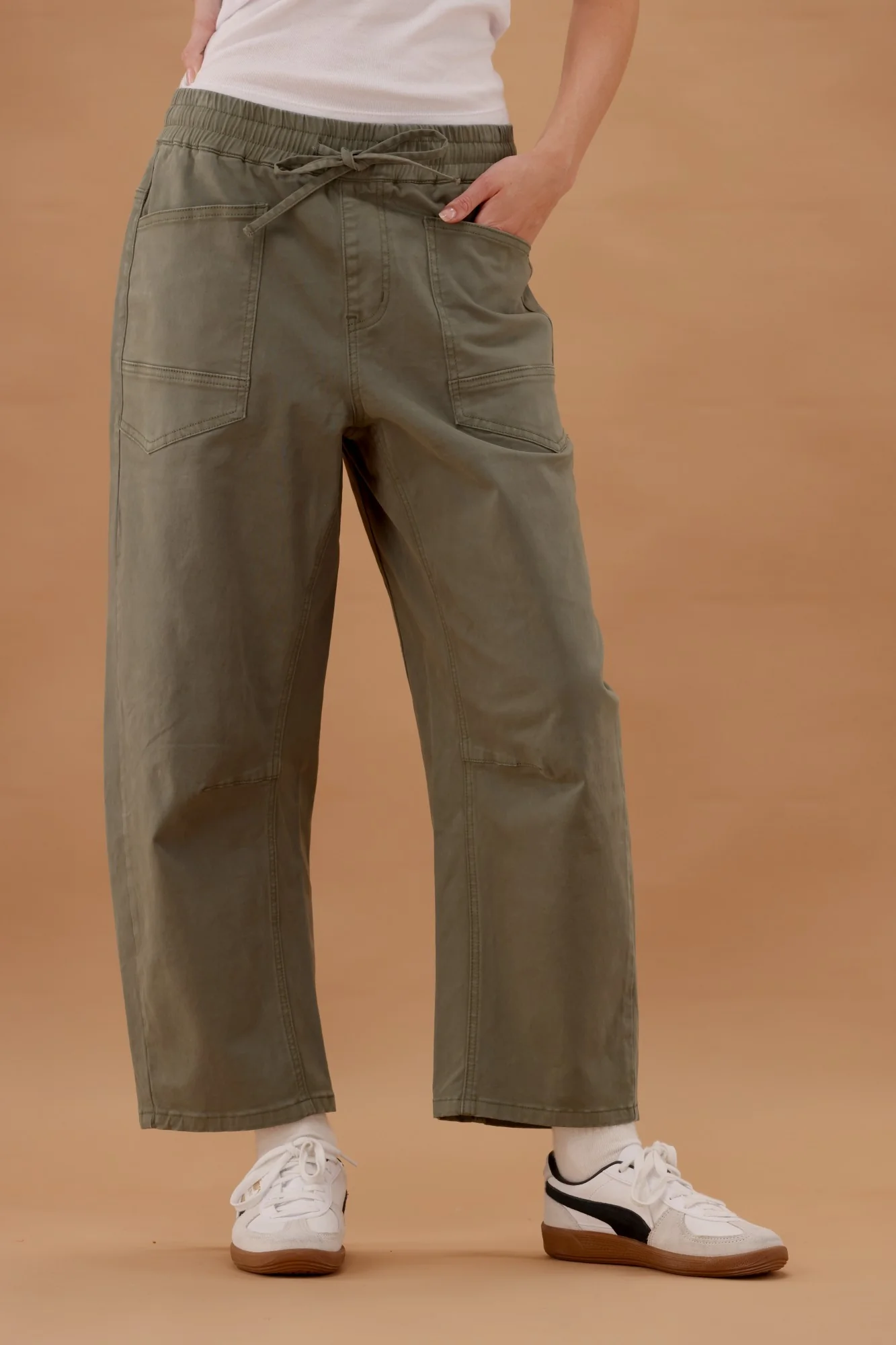 Shine On Label Brooke Barrel Leg Denim Jogger Olive