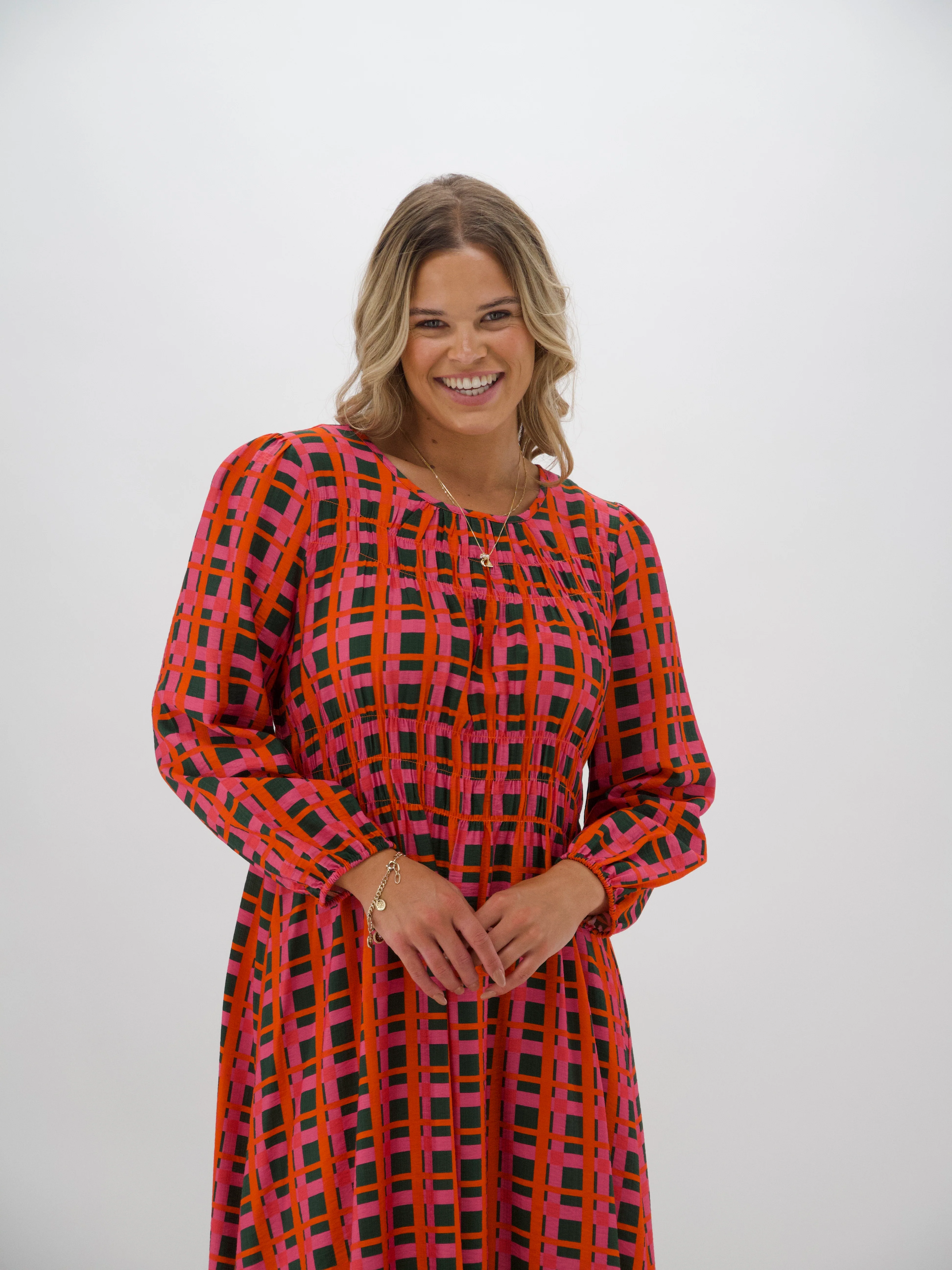 Shine On Label Careen Shirred Detail Dress Forest Check - Image 2