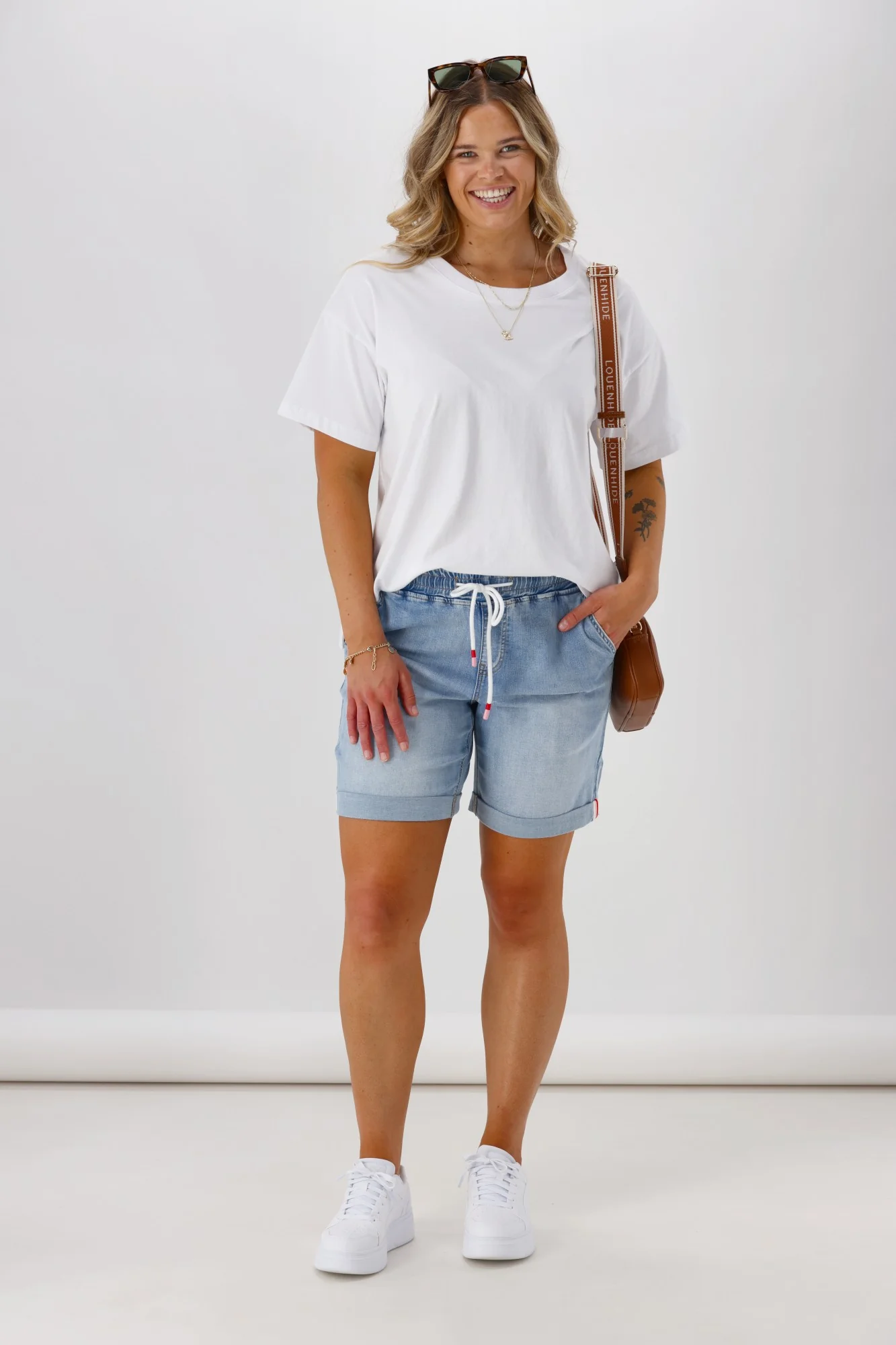 Shine On Label Cherry Elastic Waist Denim  Short Washed Blue