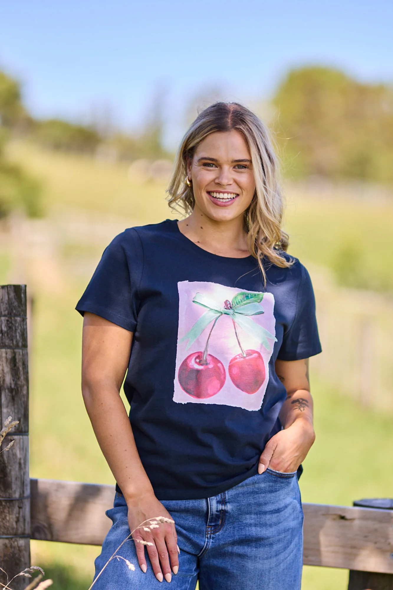 Shine On Label Cherry Print Tee Midnight