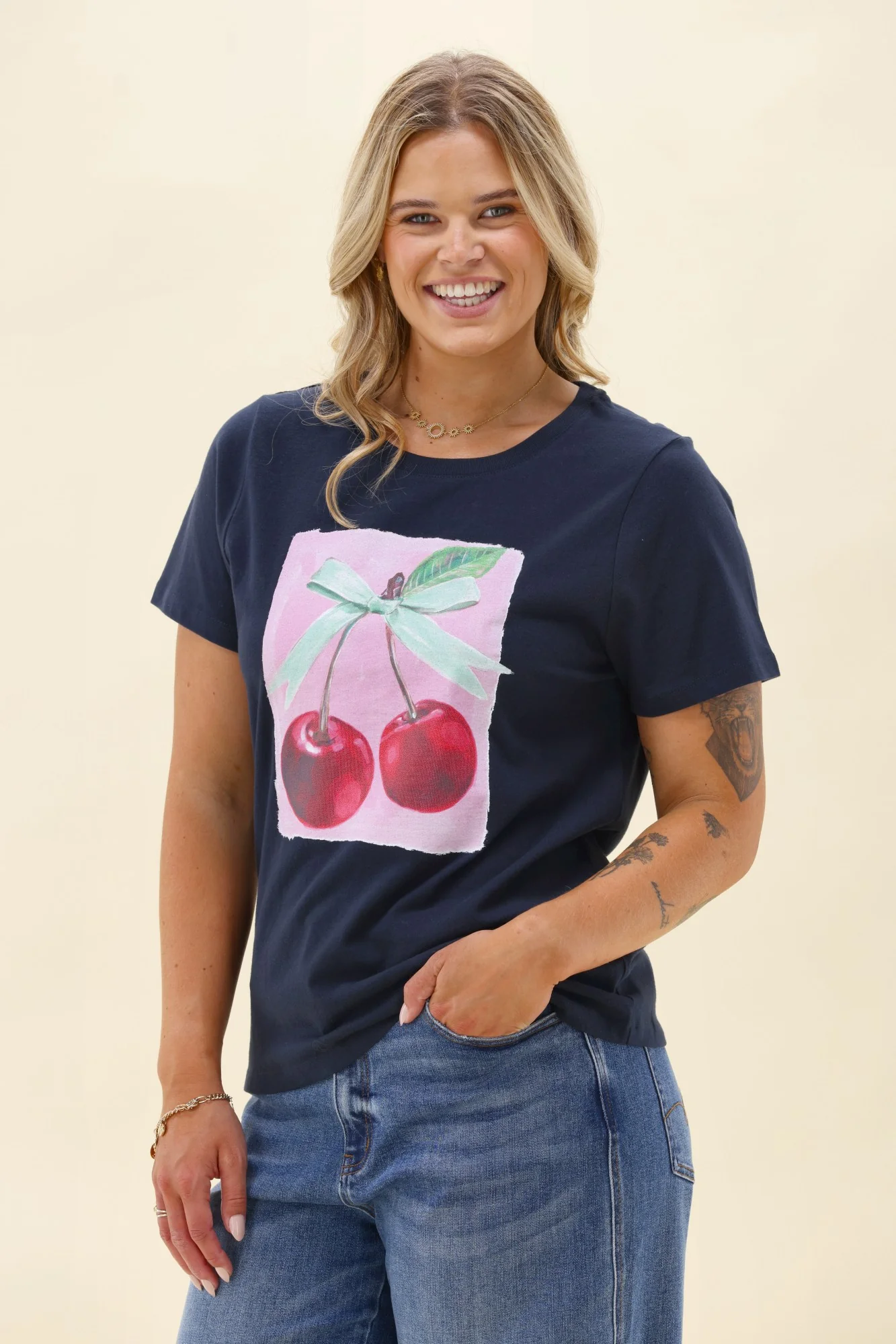 Shine On Label Cherry Print Tee Midnight - Image 4
