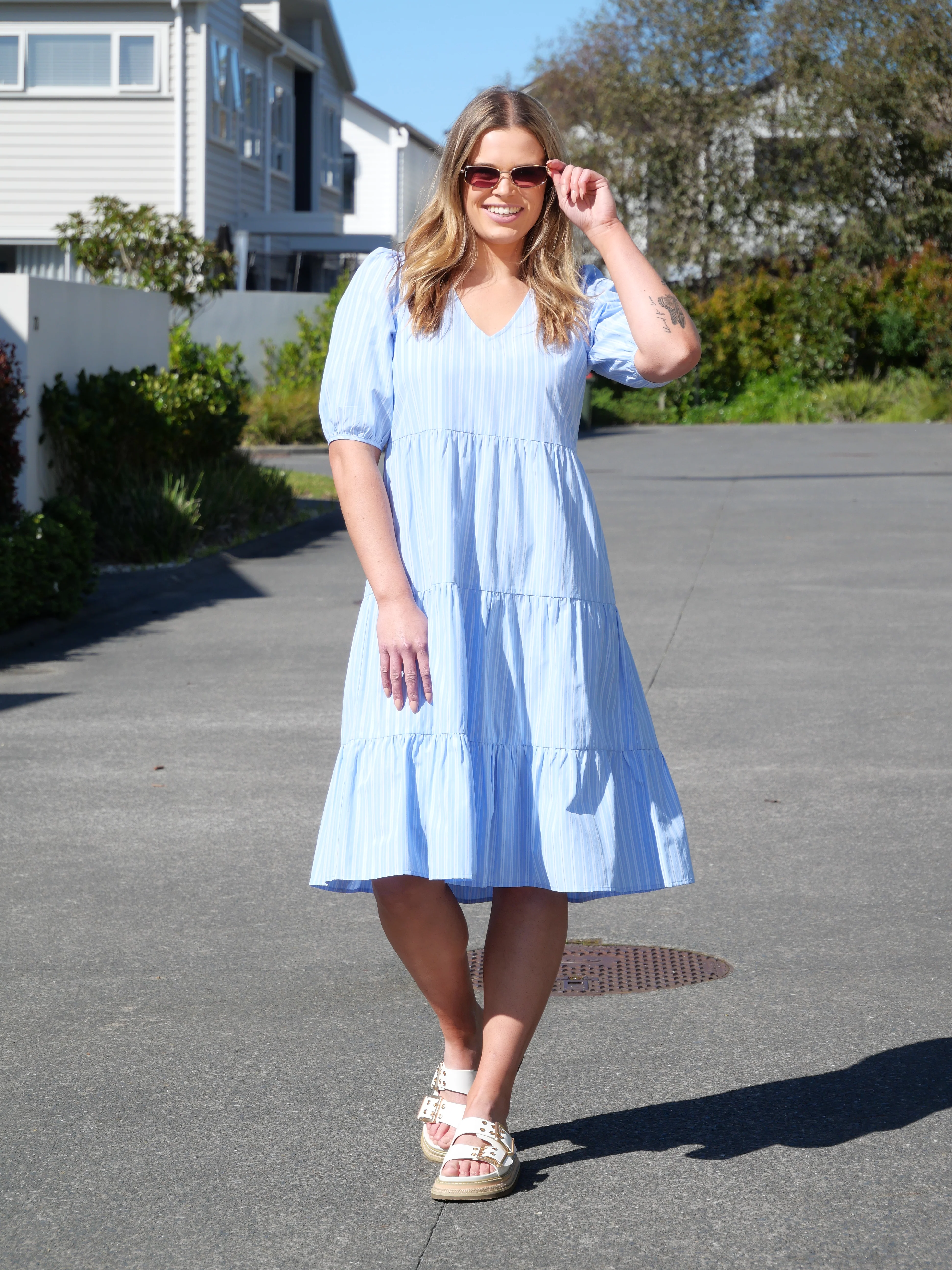 Shine On Label Dahlia Tiered Midi Dress Blue Stripe