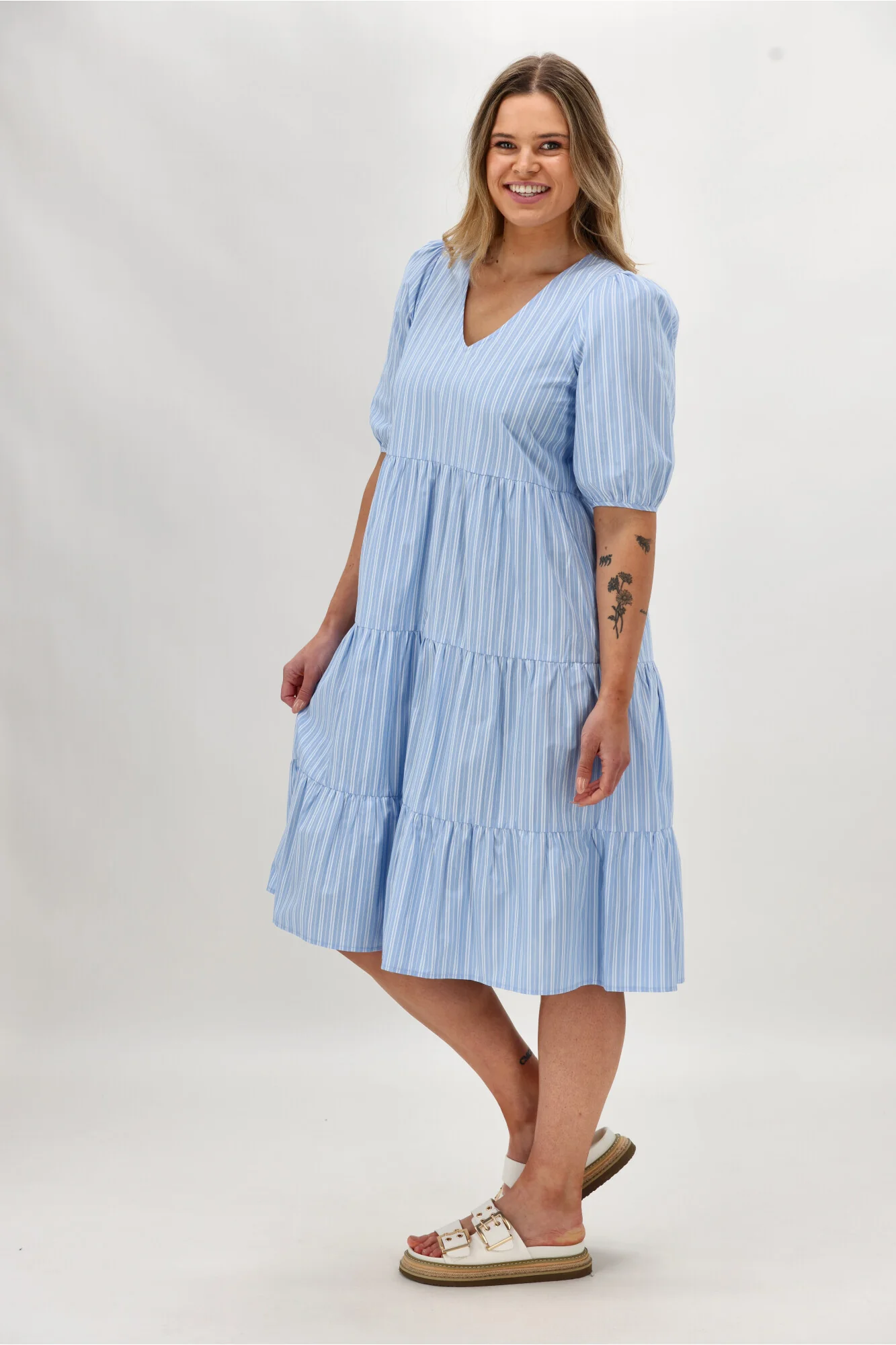 Shine On Label Dahlia Tiered Midi Dress Blue Stripe - Image 10