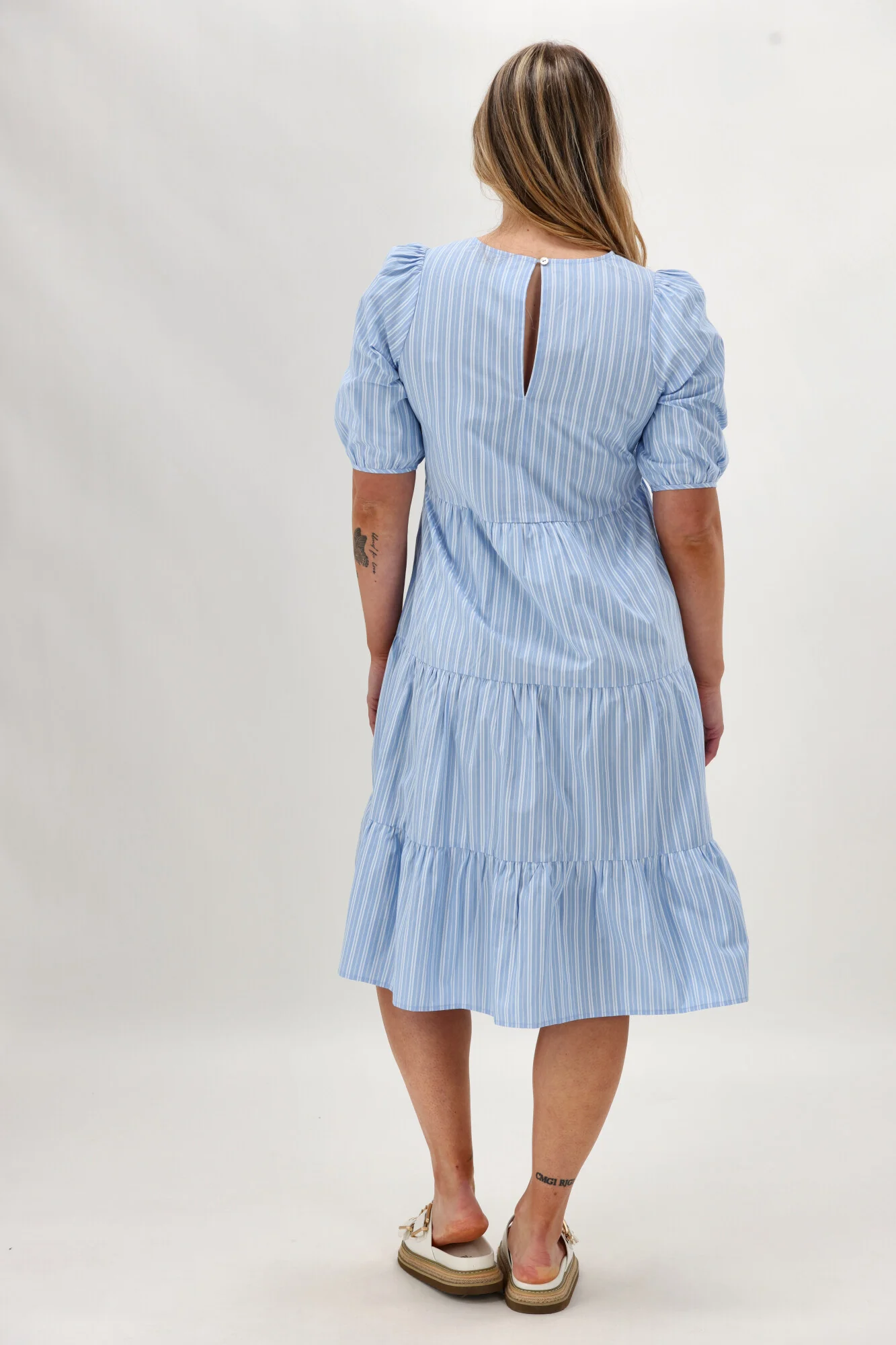 Shine On Label Dahlia Tiered Midi Dress Blue Stripe - Image 11