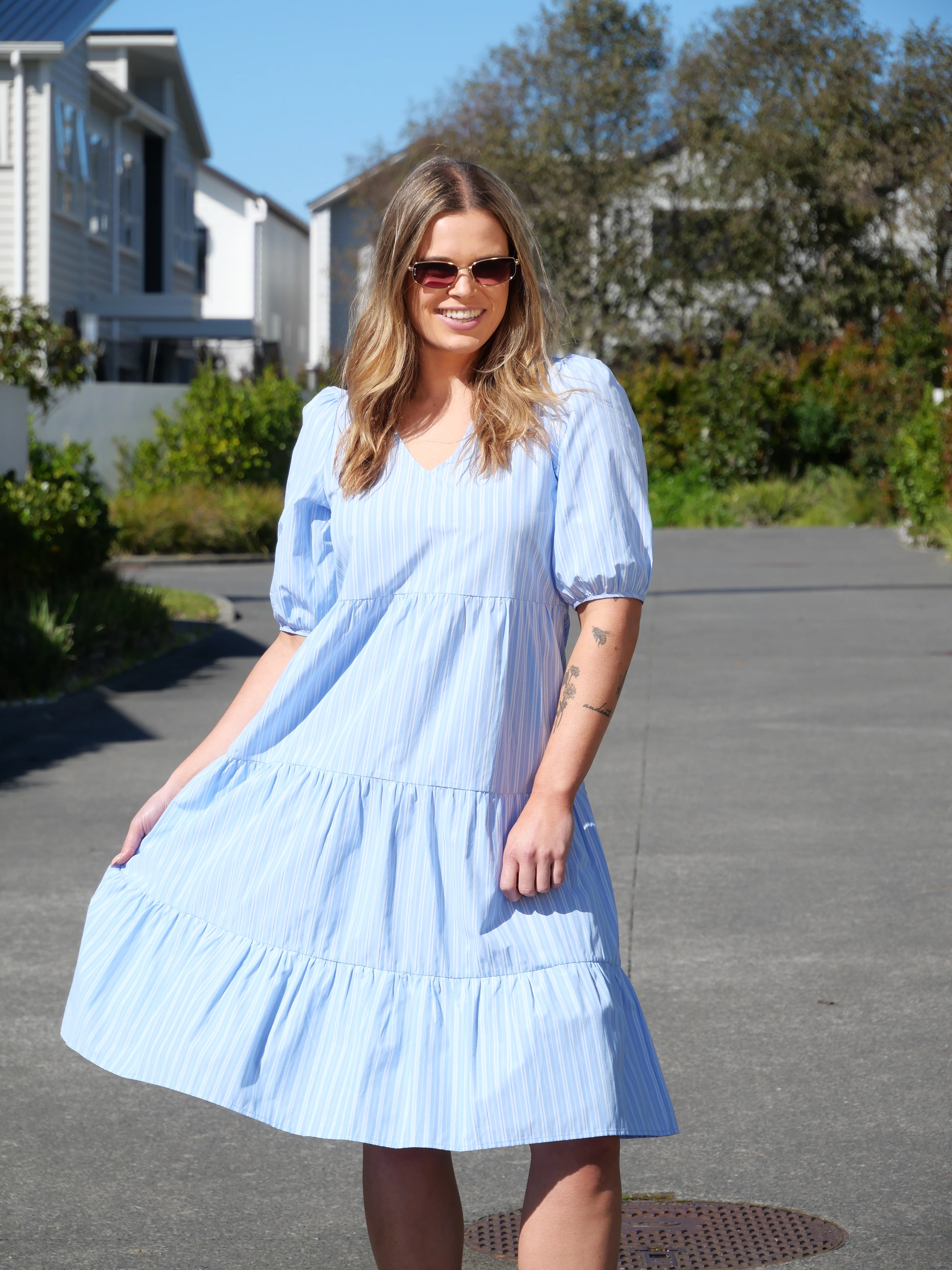 Shine On Label Dahlia Tiered Midi Dress Blue Stripe - Image 2