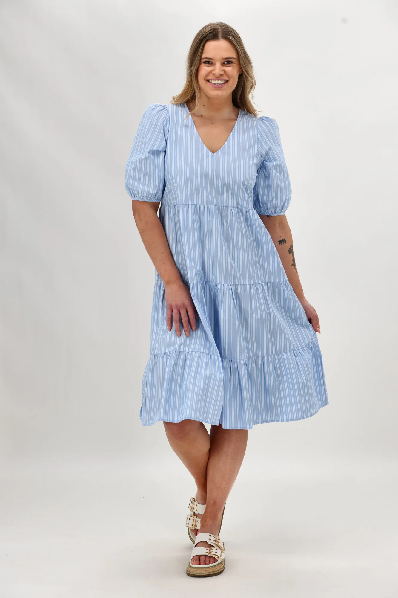 Shine On Label Dahlia Tiered Midi Dress Blue Stripe - Image 4