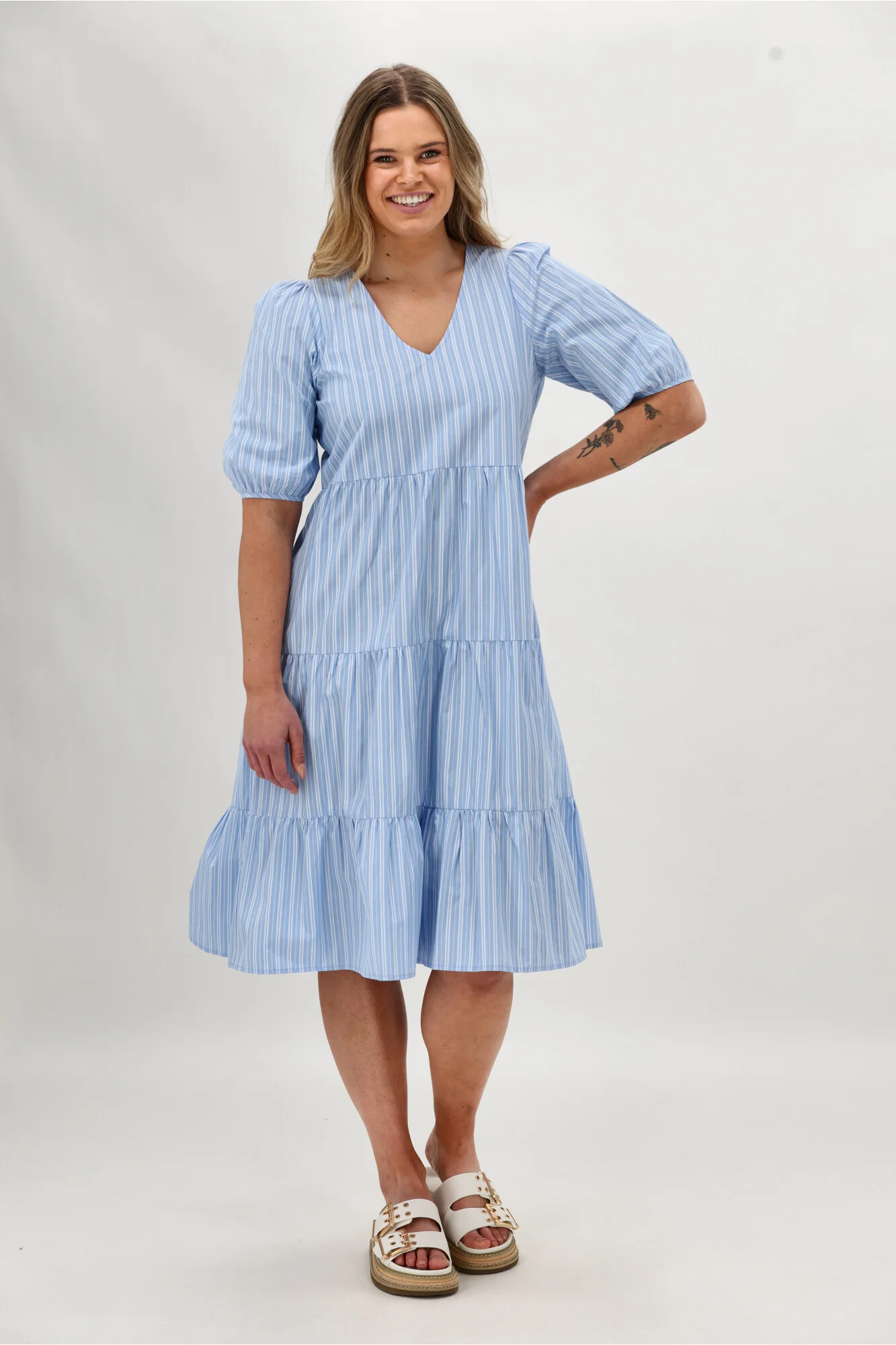 Shine On Label Dahlia Tiered Midi Dress Blue Stripe - Image 5