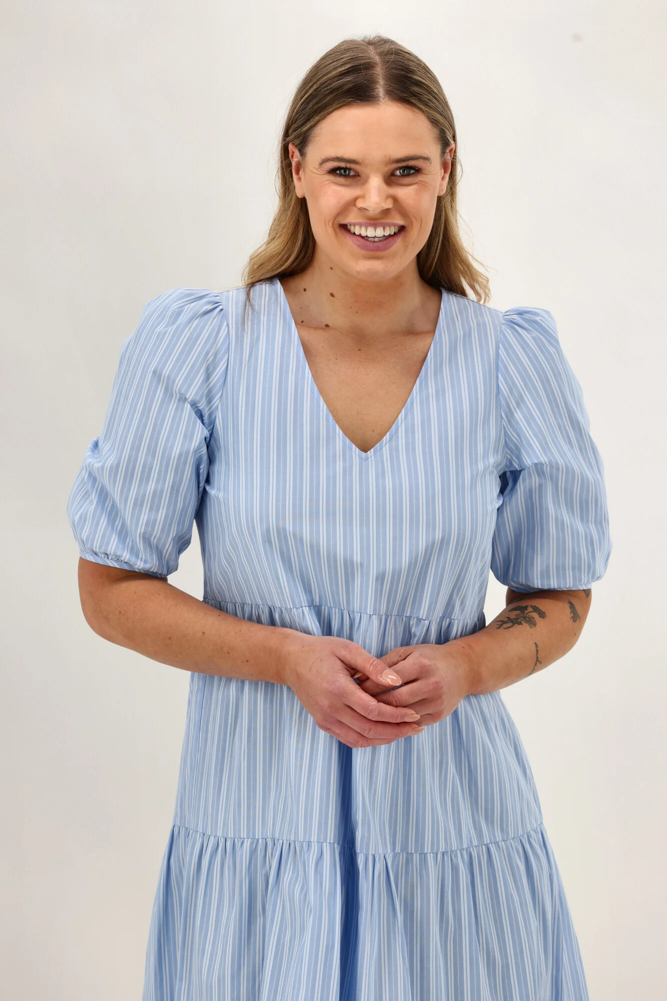 Shine On Label Dahlia Tiered Midi Dress Blue Stripe - Image 6