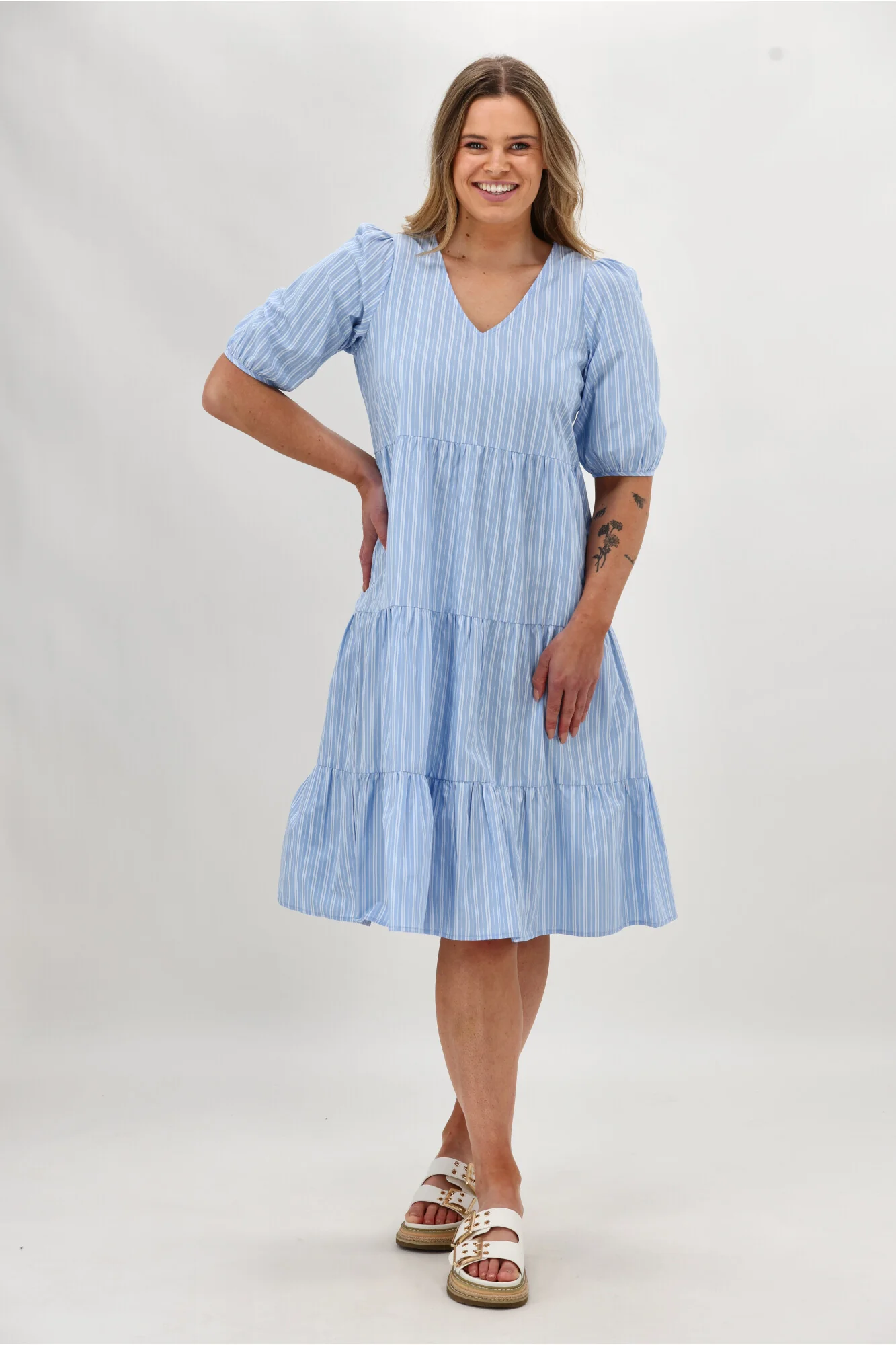 Shine On Label Dahlia Tiered Midi Dress Blue Stripe - Image 8