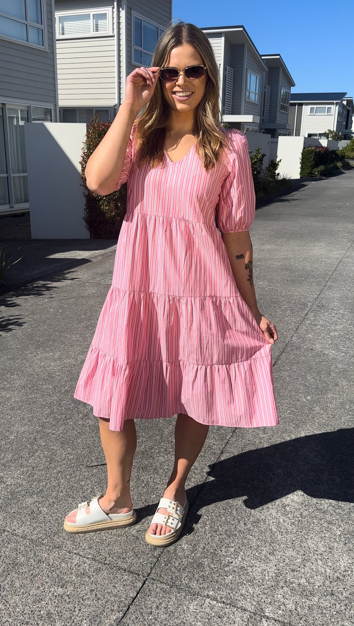 Shine On Label Dahlia Tiered Midi Dress Pink Stripe