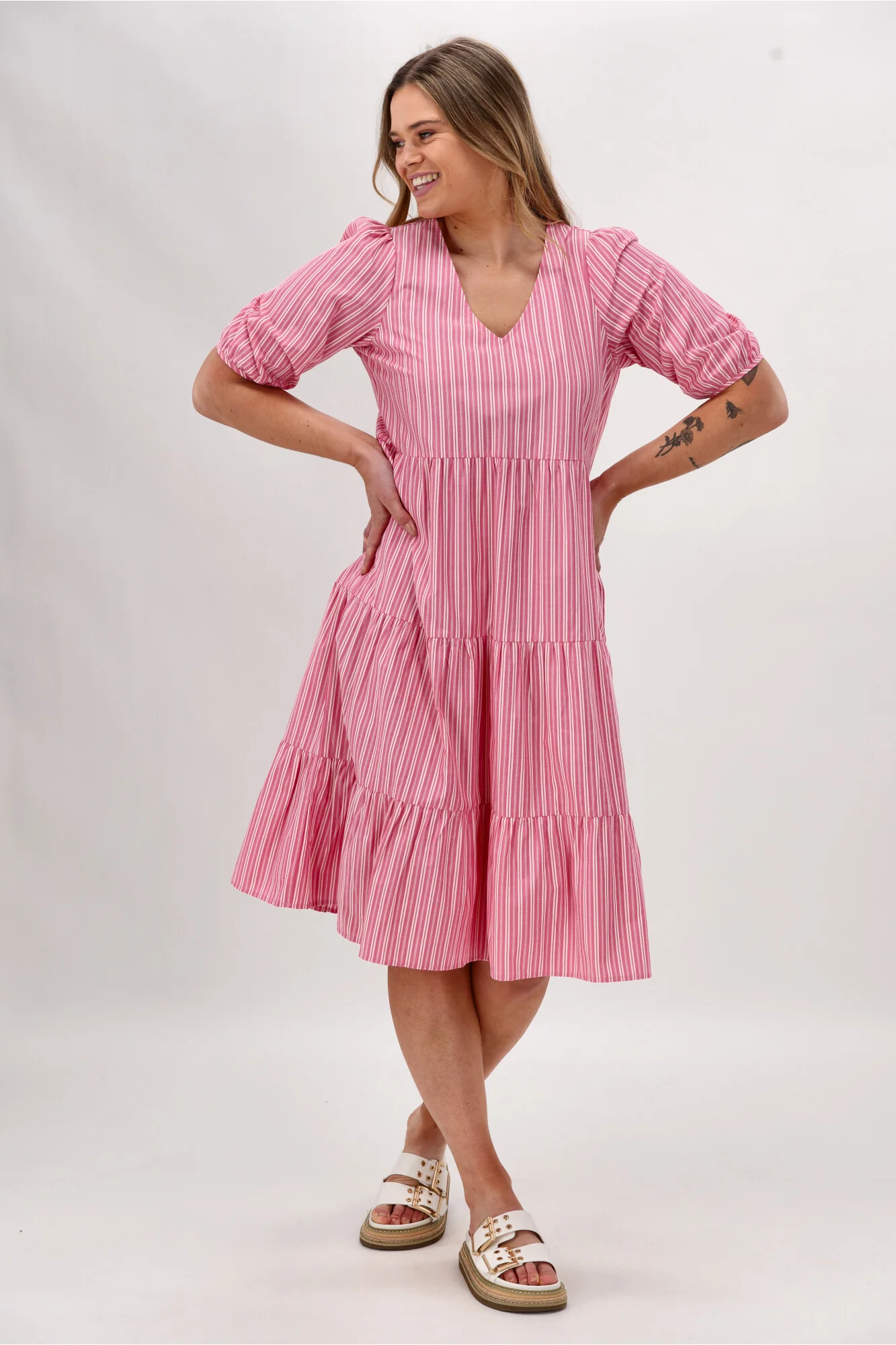 Shine On Label Dahlia Tiered Midi Dress Pink Stripe - Image 11