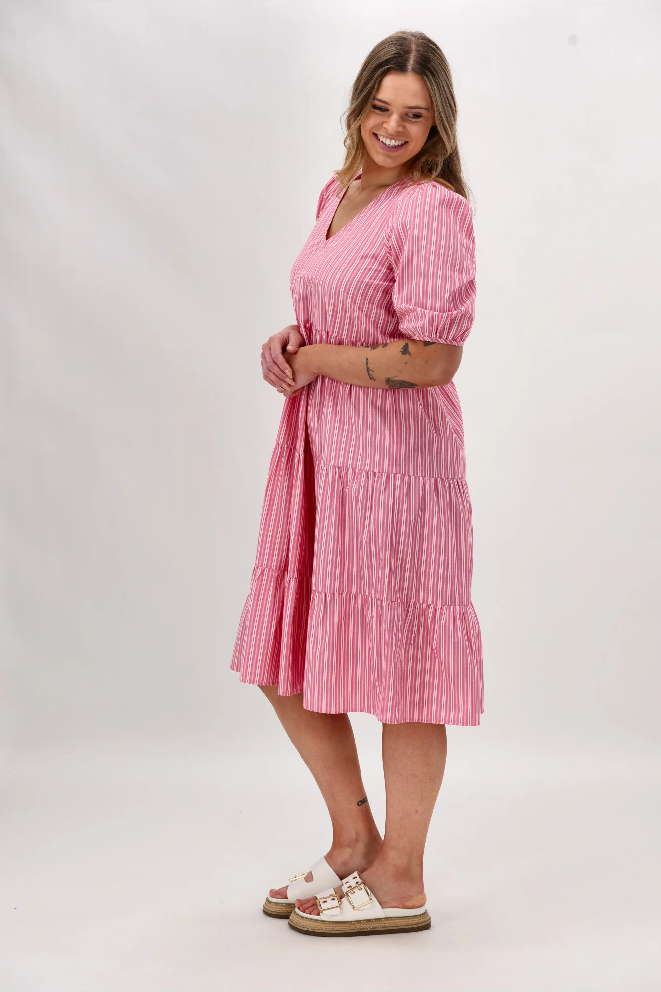 Shine On Label Dahlia Tiered Midi Dress Pink Stripe - Image 12