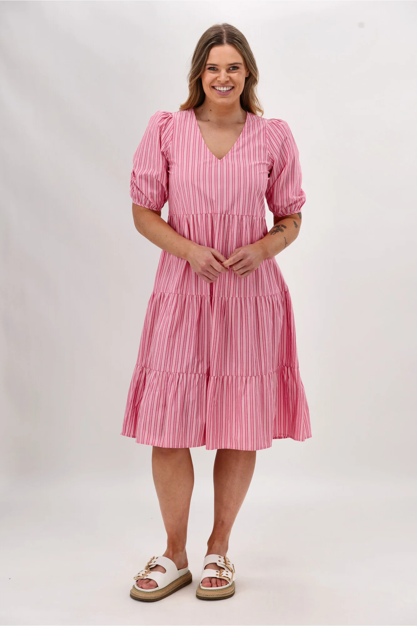 Shine On Label Dahlia Tiered Midi Dress Pink Stripe - Image 5