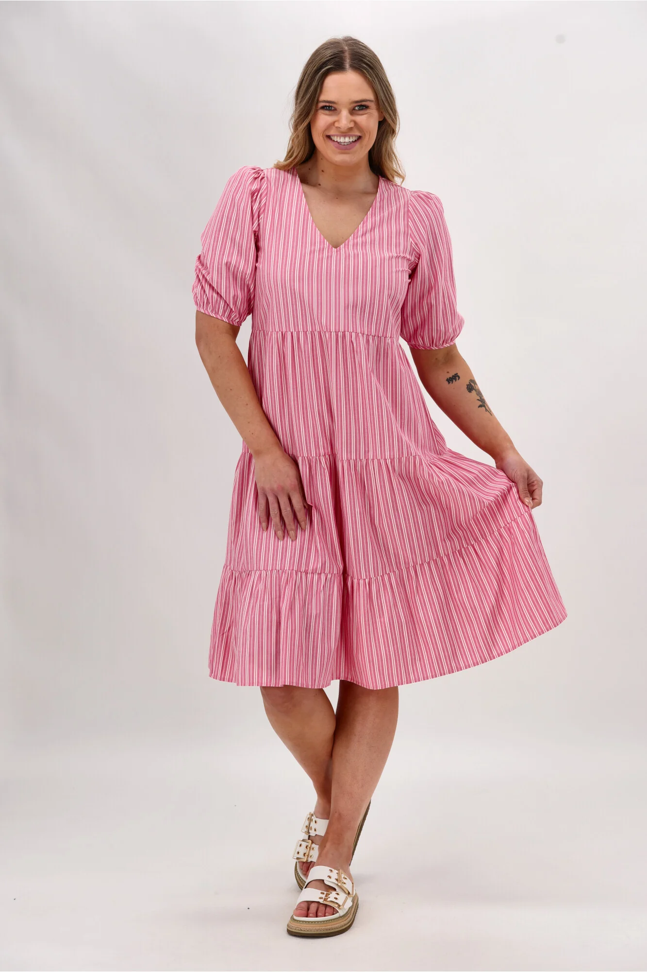 Shine On Label Dahlia Tiered Midi Dress Pink Stripe - Image 6