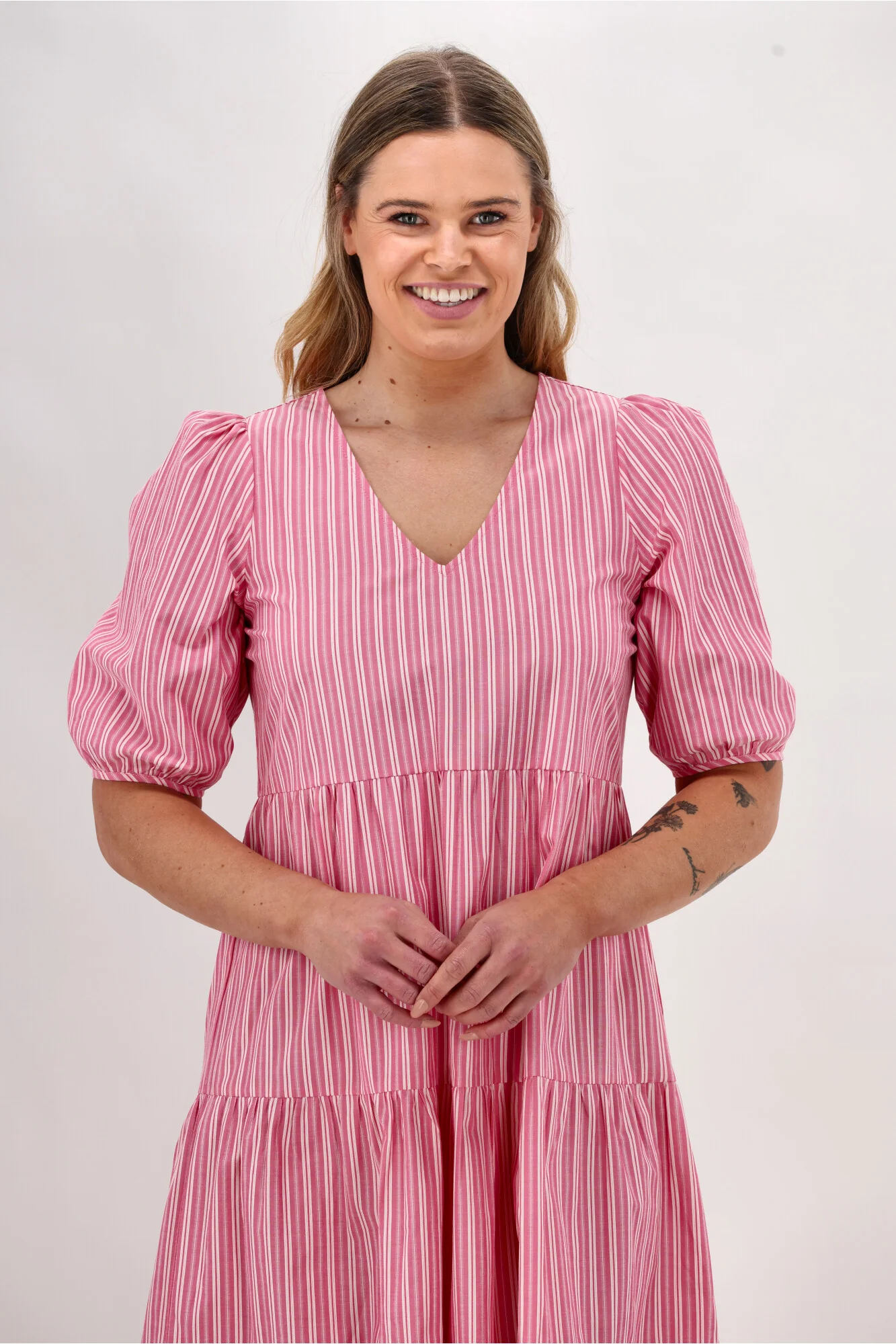 Shine On Label Dahlia Tiered Midi Dress Pink Stripe - Image 8
