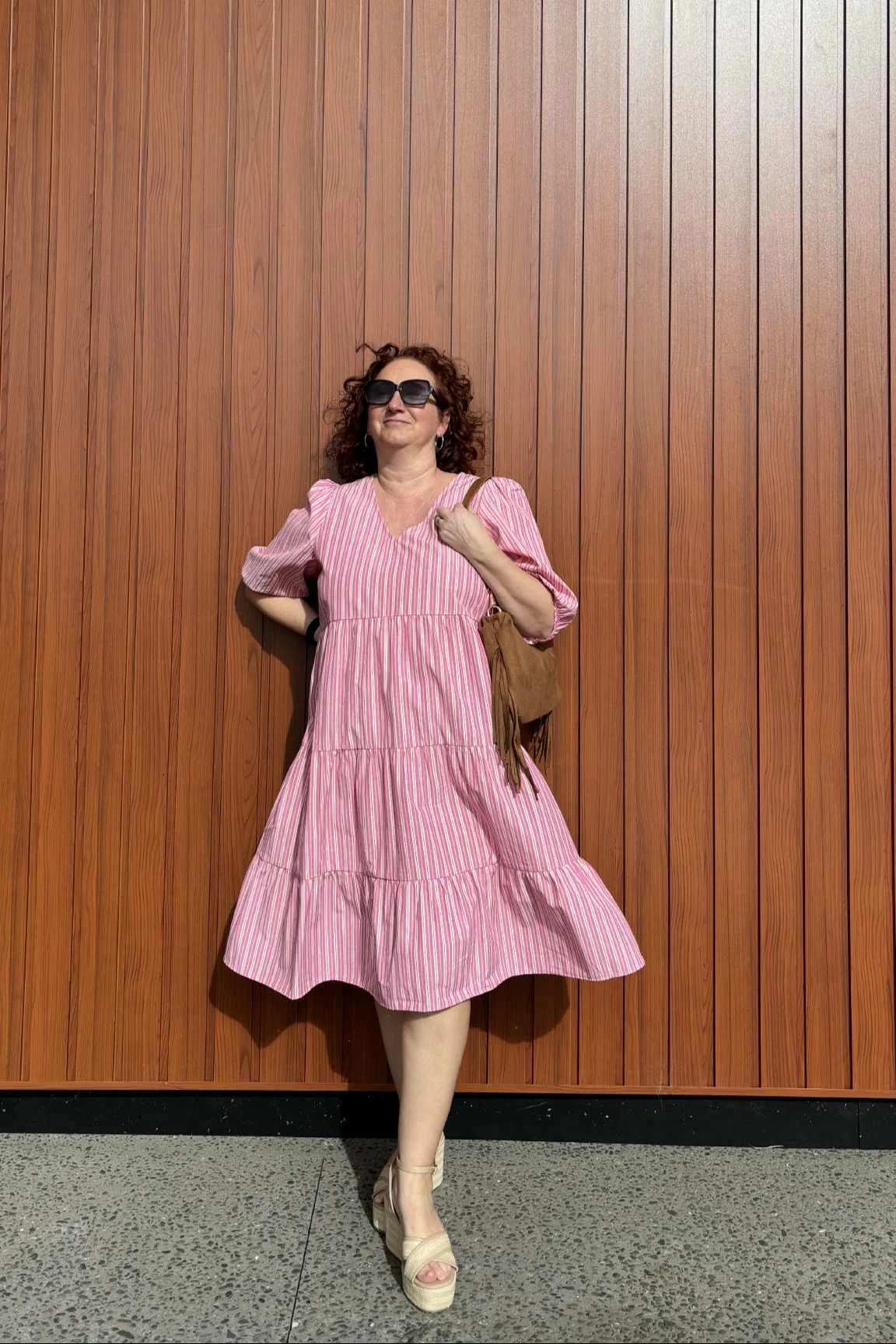 Shine On Label Dahlia Tiered Midi Dress Pink Stripe - Image 9