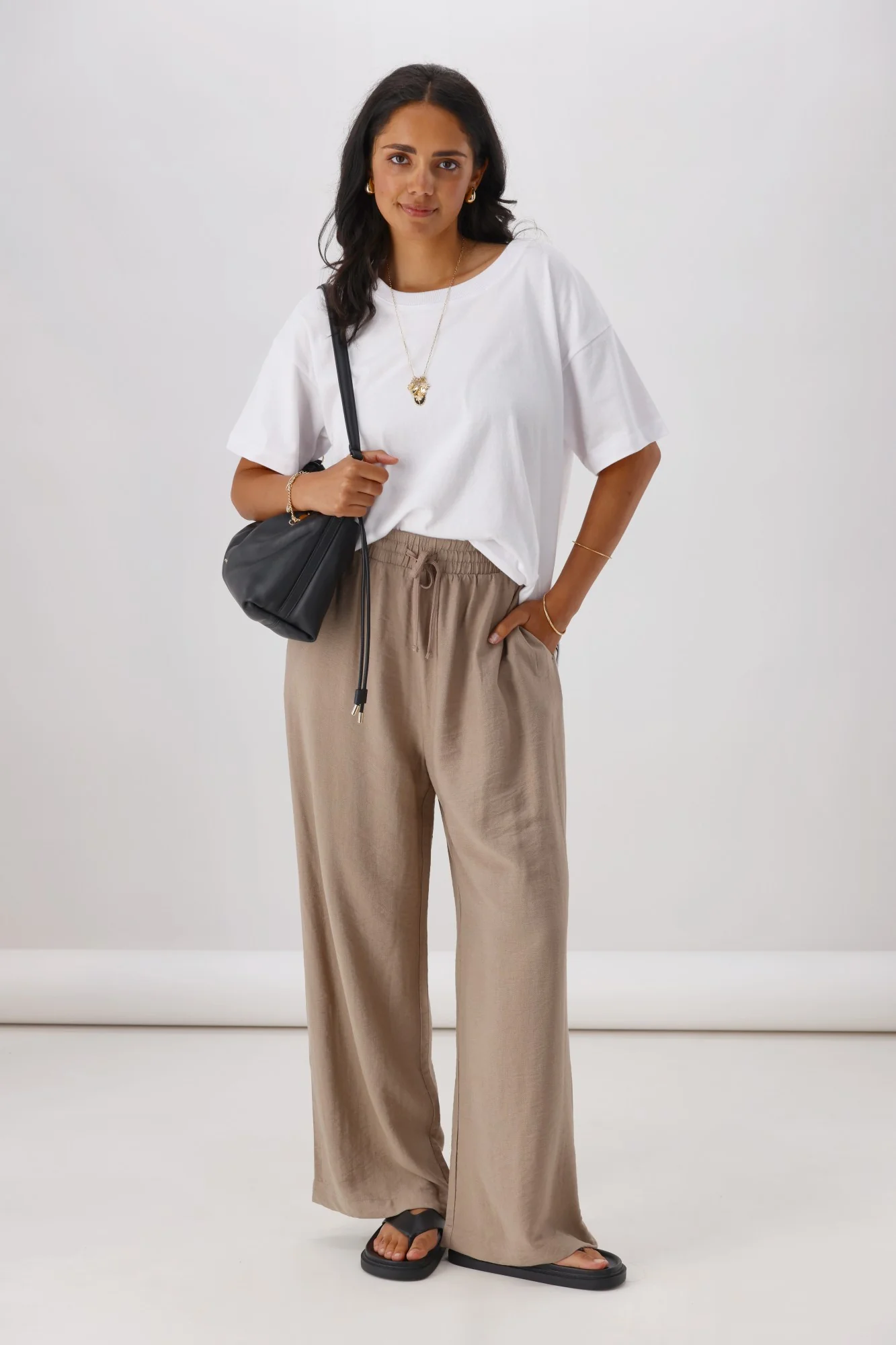 Shine On Label Dario Side Stripe Wide Leg Pants Latte