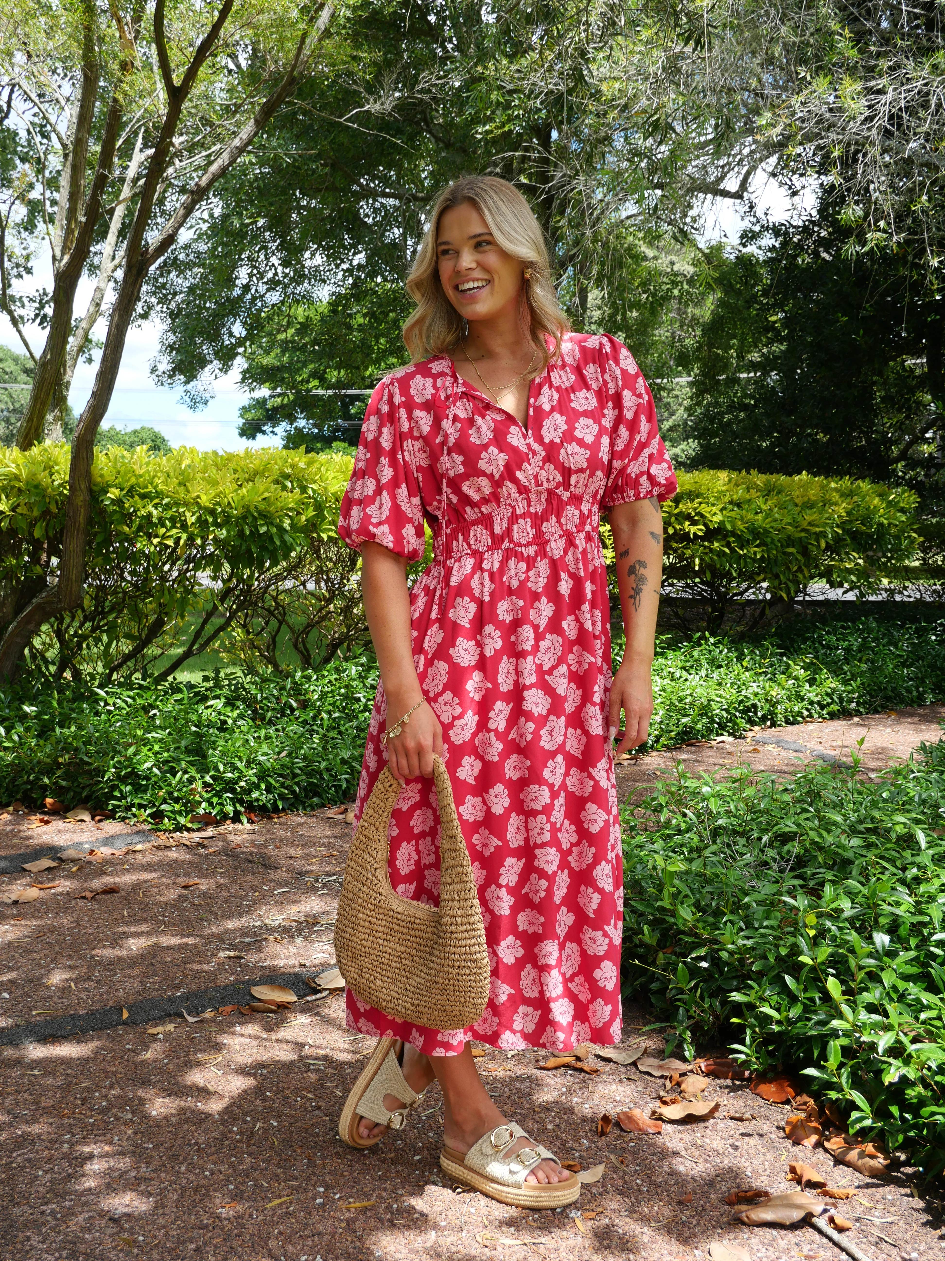 Shine On Label Echo Portofino V Neck Dress Berry Floral