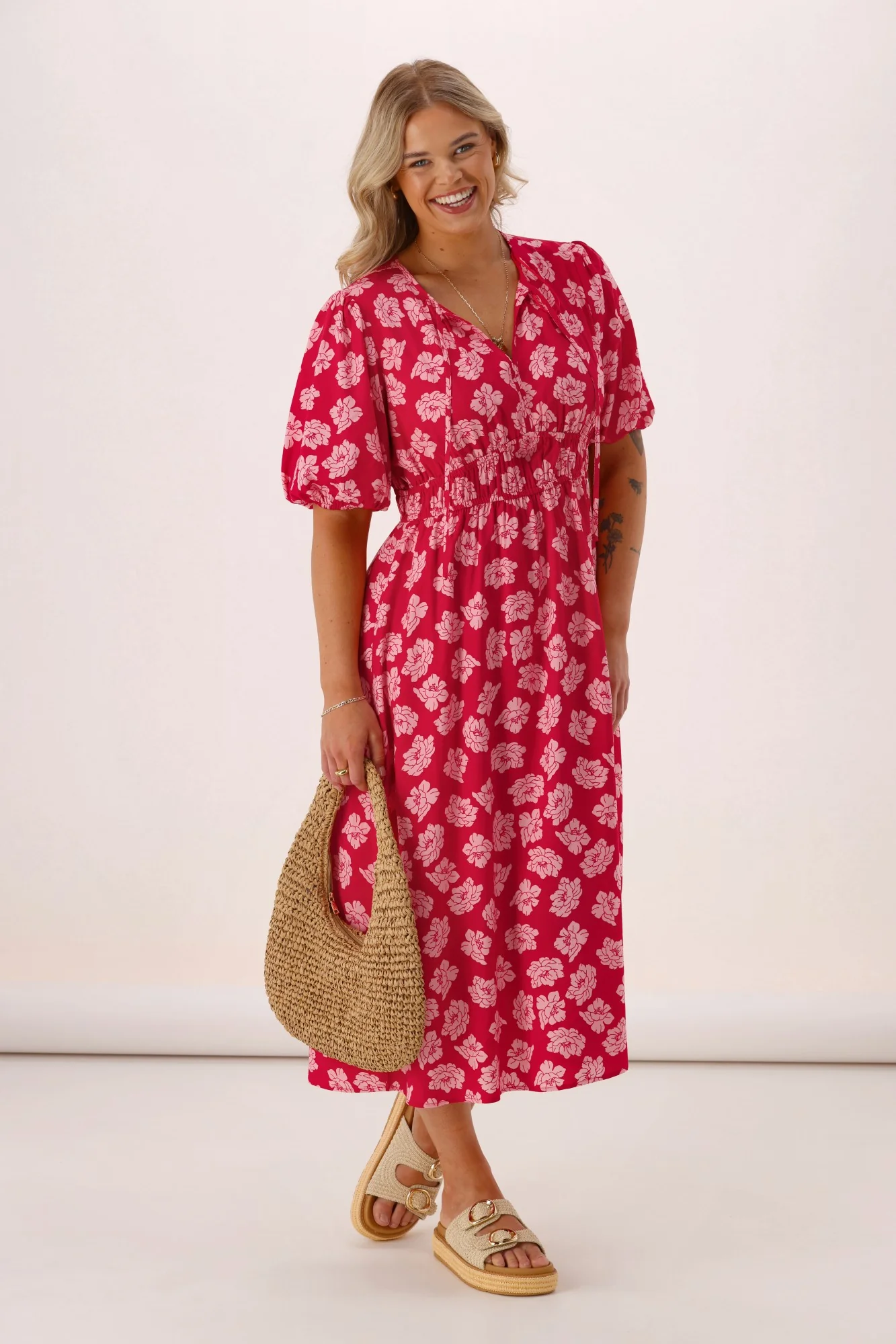 Shine On Label Echo Portofino V Neck Dress Berry Floral - Image 2