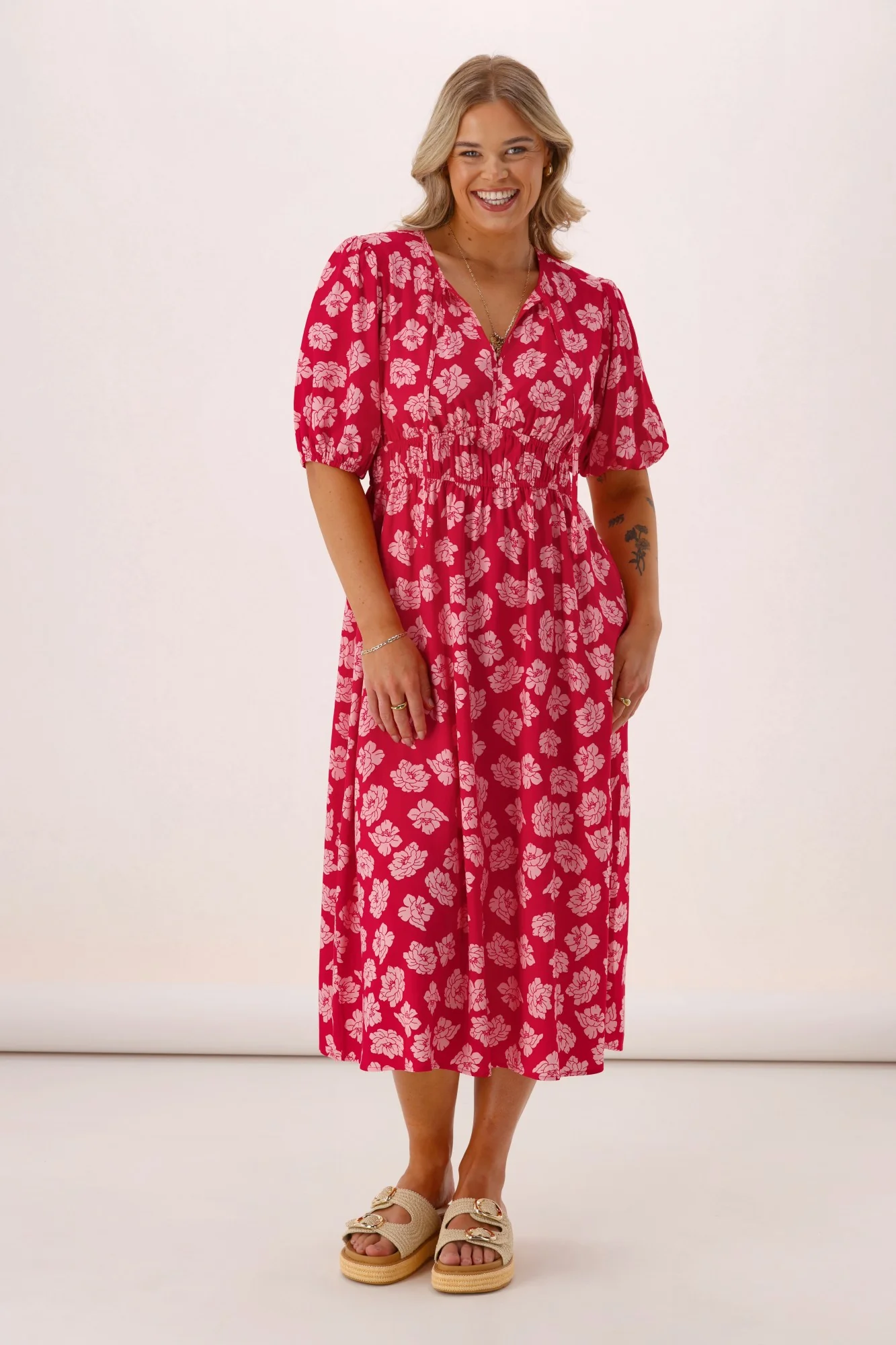 Shine On Label Echo Portofino V Neck Dress Berry Floral - Image 4