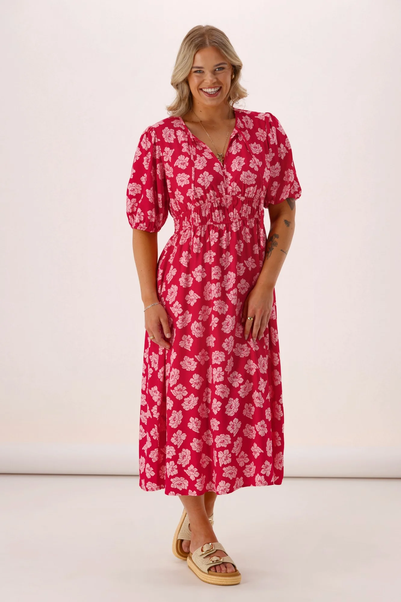 Shine On Label Echo Portofino V Neck Dress Berry Floral - Image 5