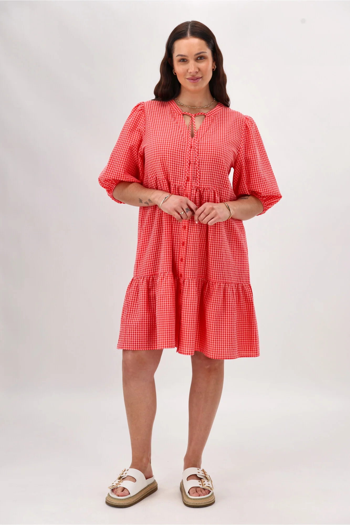 Shine On Label Edith Dress Coral Pink Check - Image 5