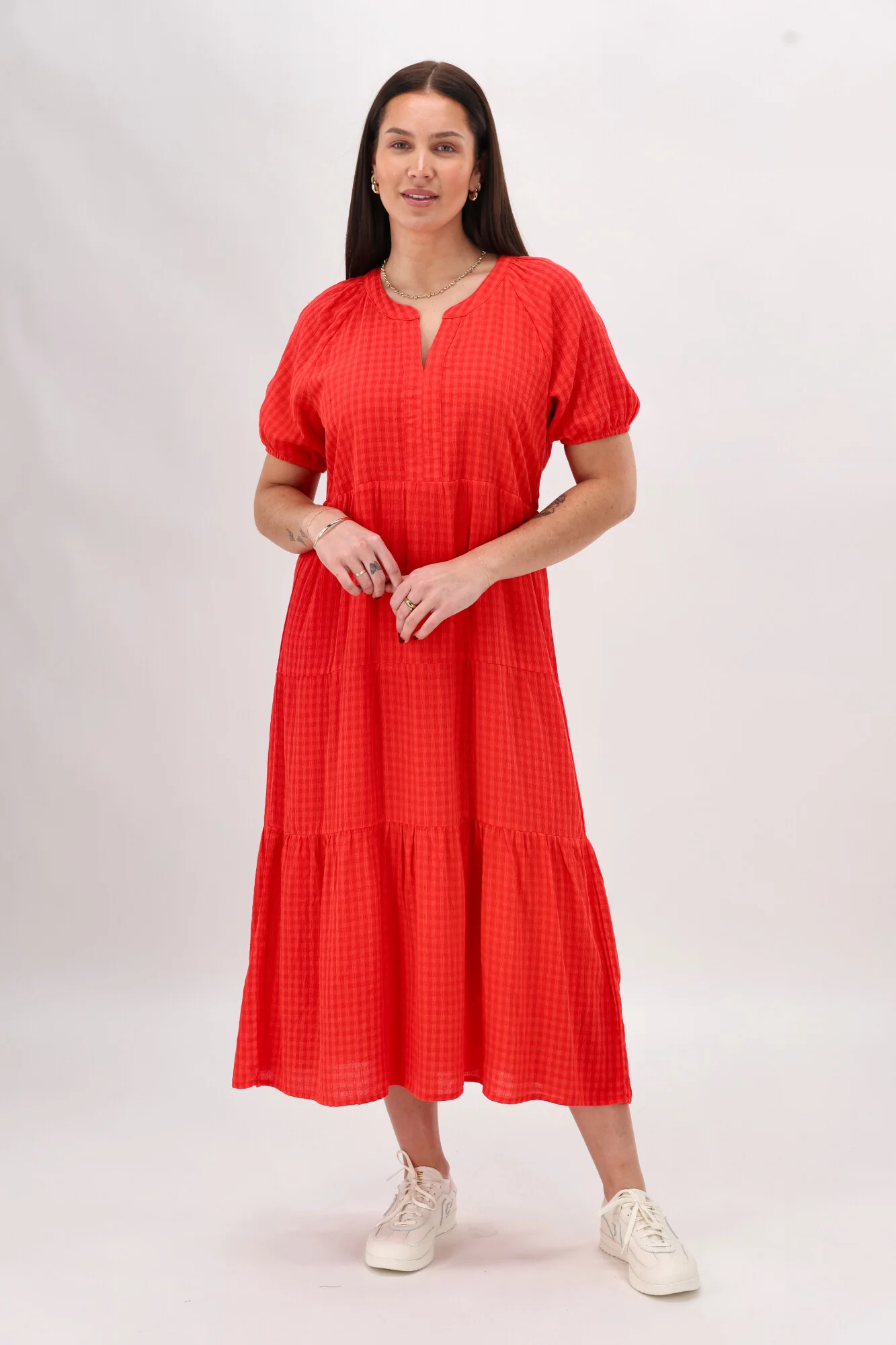 Shine On Label Erika Self Check Tier Dress Coral