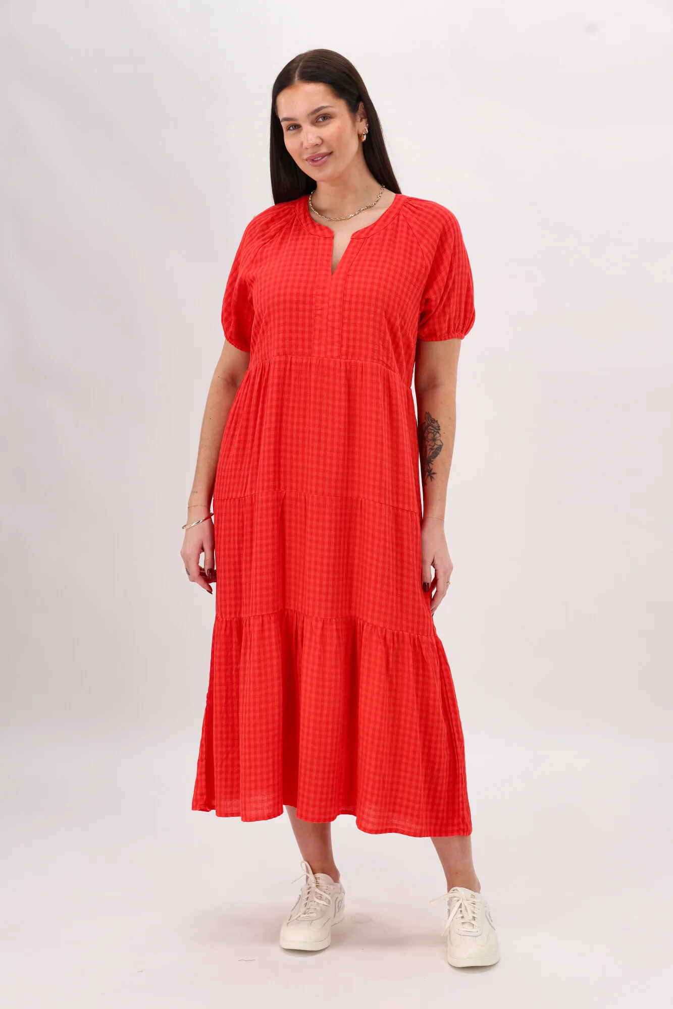 Shine On Label Erika Self Check Tier Dress Coral - Image 2