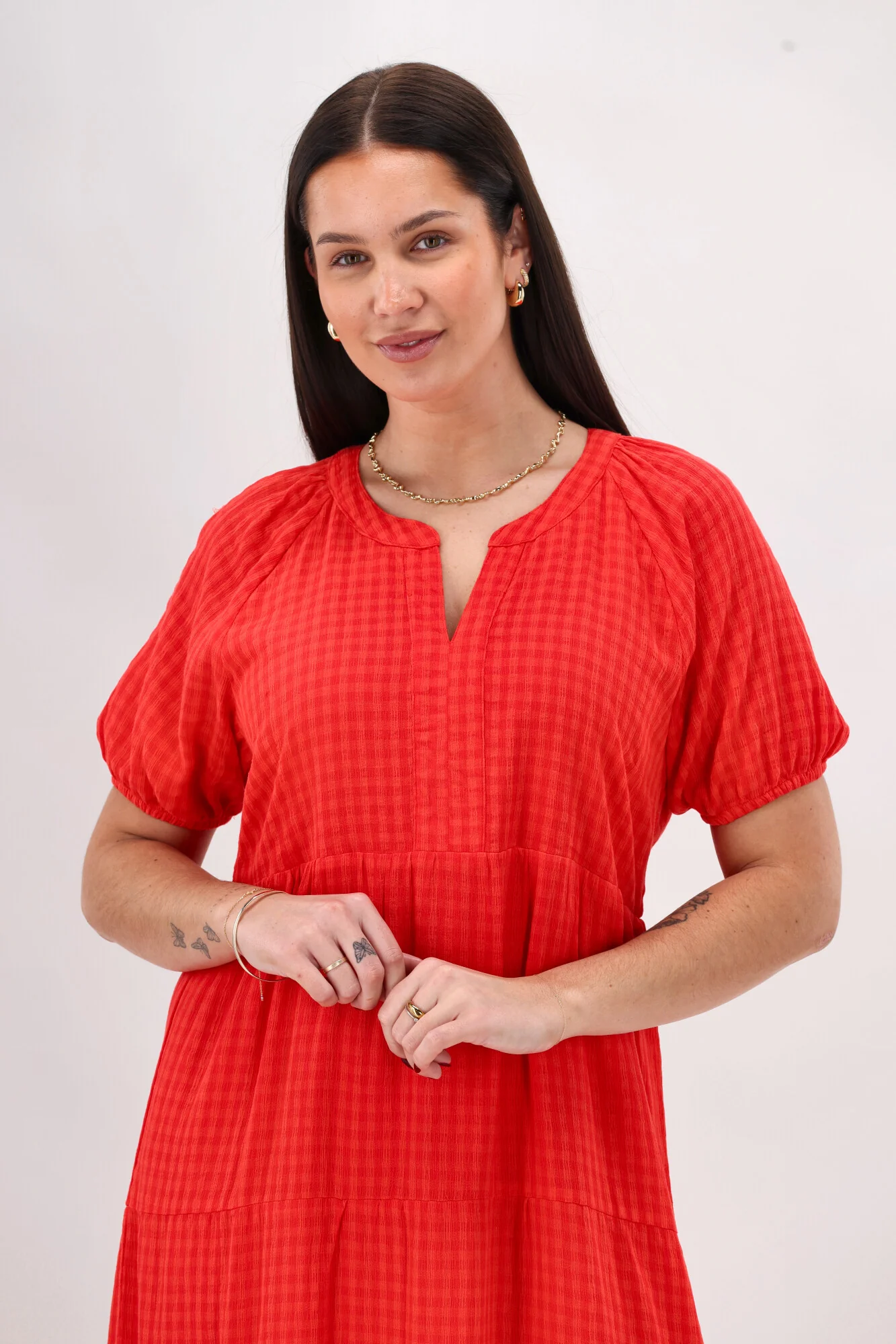Shine On Label Erika Self Check Tier Dress Coral - Image 3