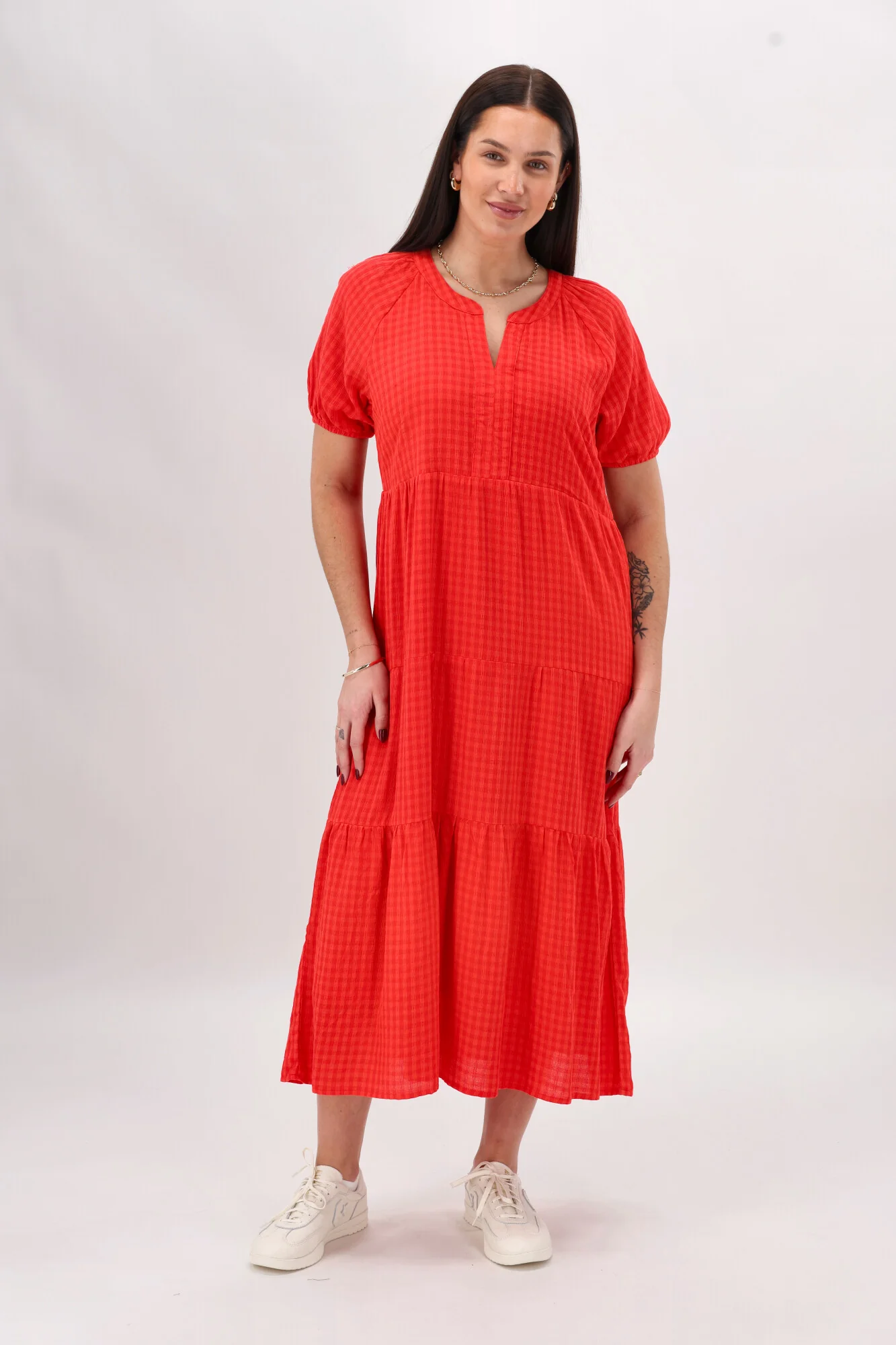 Shine On Label Erika Self Check Tier Dress Coral - Image 4