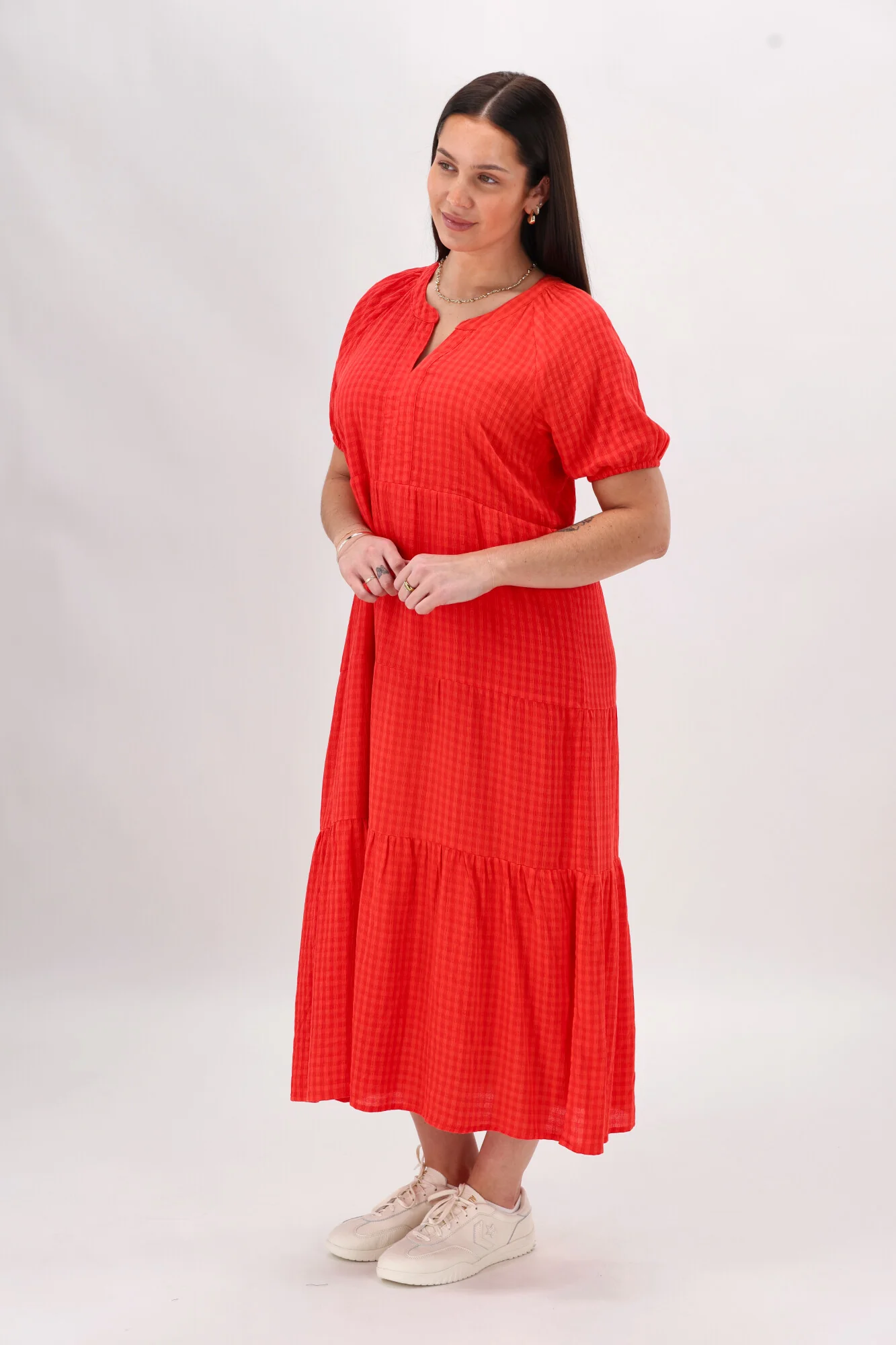 Shine On Label Erika Self Check Tier Dress Coral - Image 5