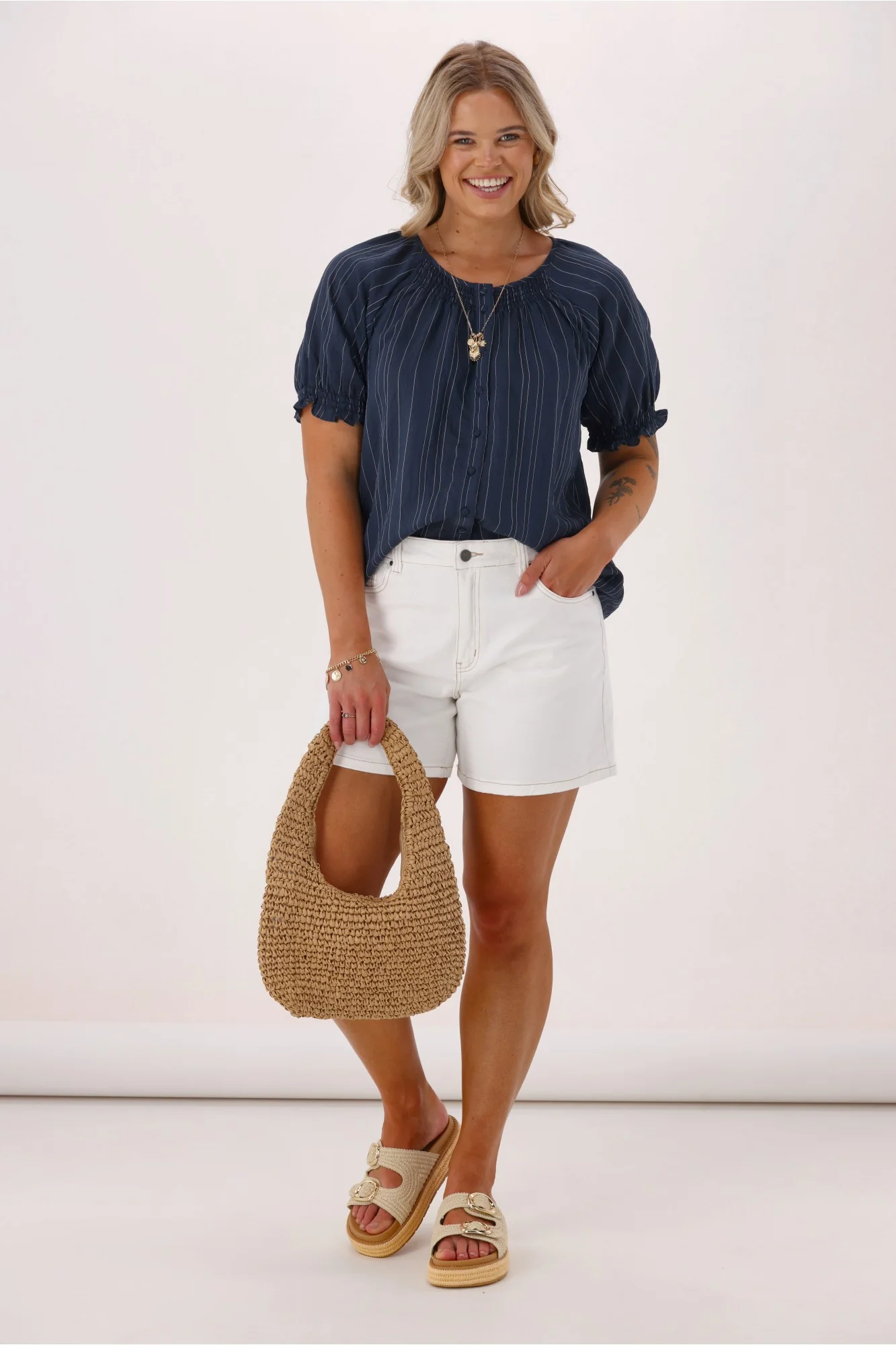 Shine On Label Eve Striped Puff Sleeve Blouse Blue - Image 4