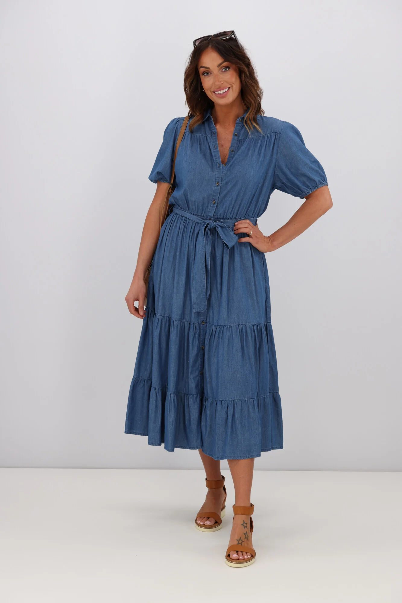 Shine On Label Evette Chambray Tiered Dress Blue