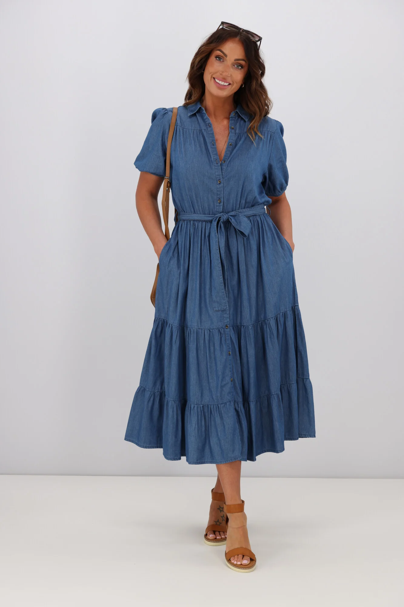 Shine On Label Evette Chambray Tiered Dress Blue - Image 3
