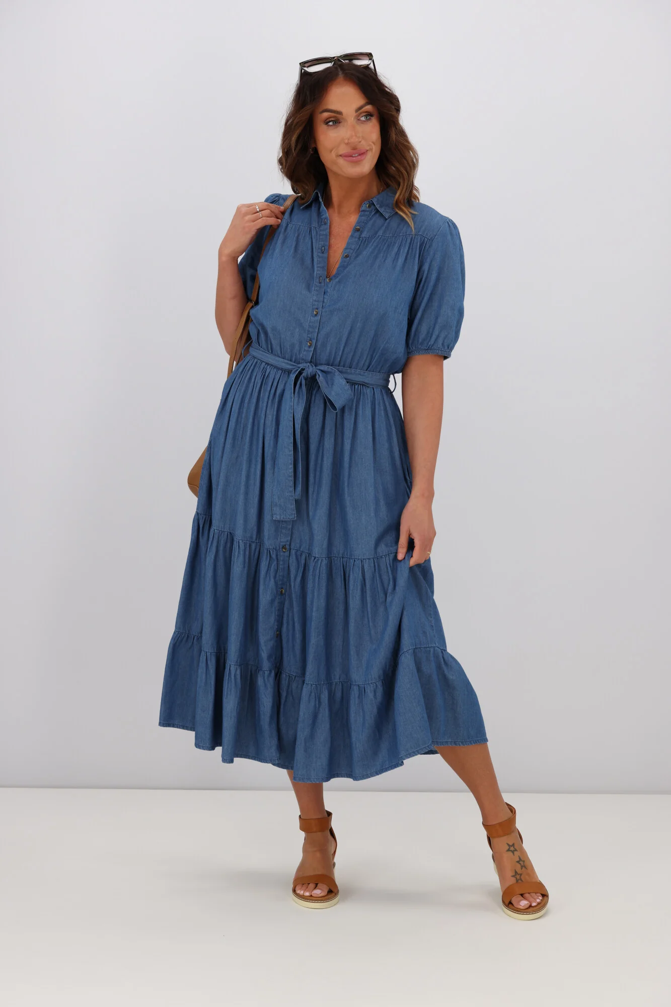 Shine On Label Evette Chambray Tiered Dress Blue - Image 4